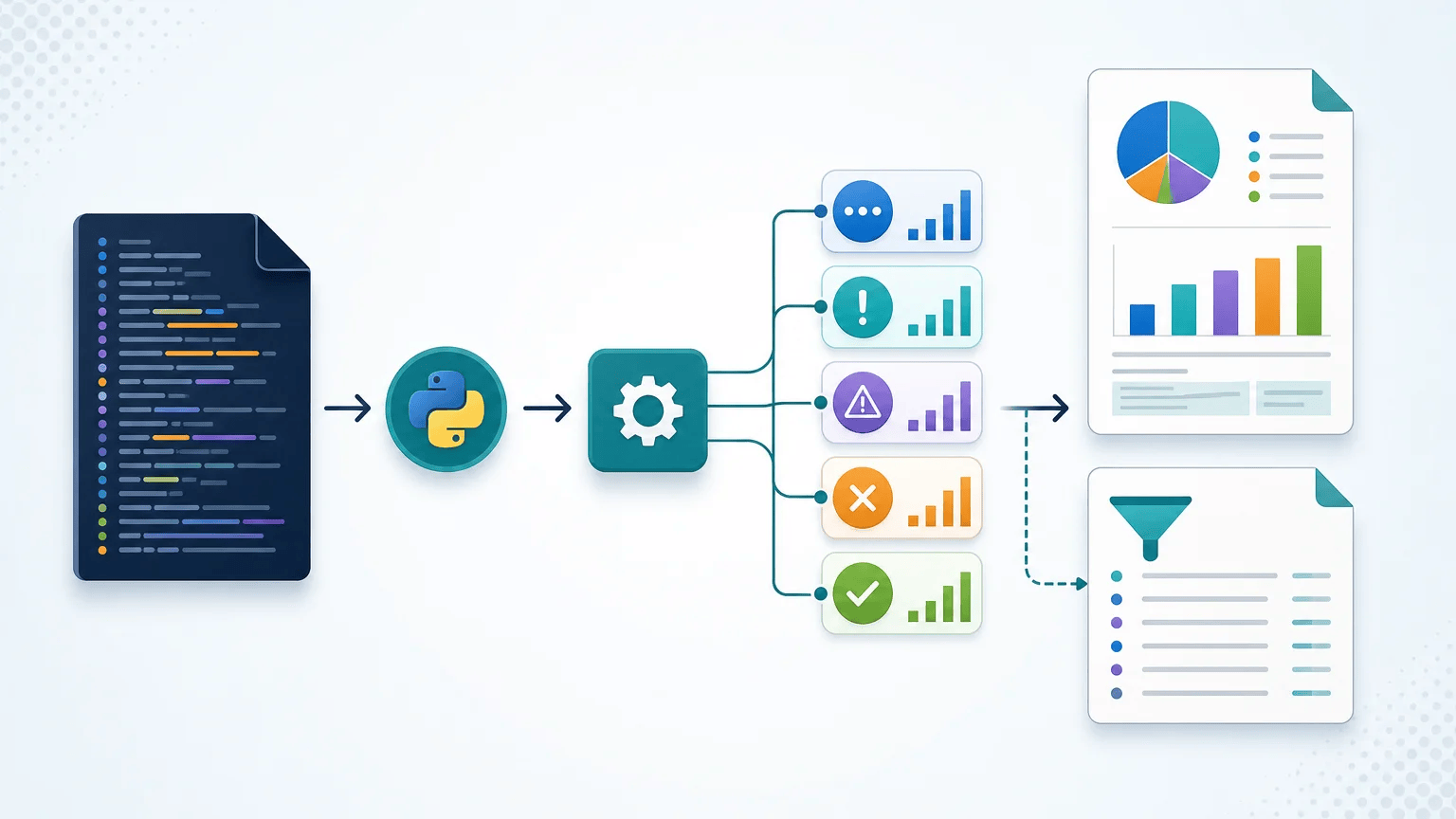 Reading and Writing Text Files in Python Application log transformed into summarized and filtered text reports through a file-processing workflow