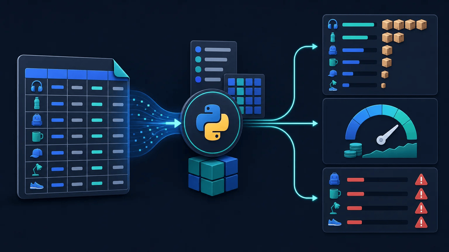 How to Read CSV Files in Python and Calculate Inventory Value Product records flowing from a CSV table into inventory value and low-stock calculations