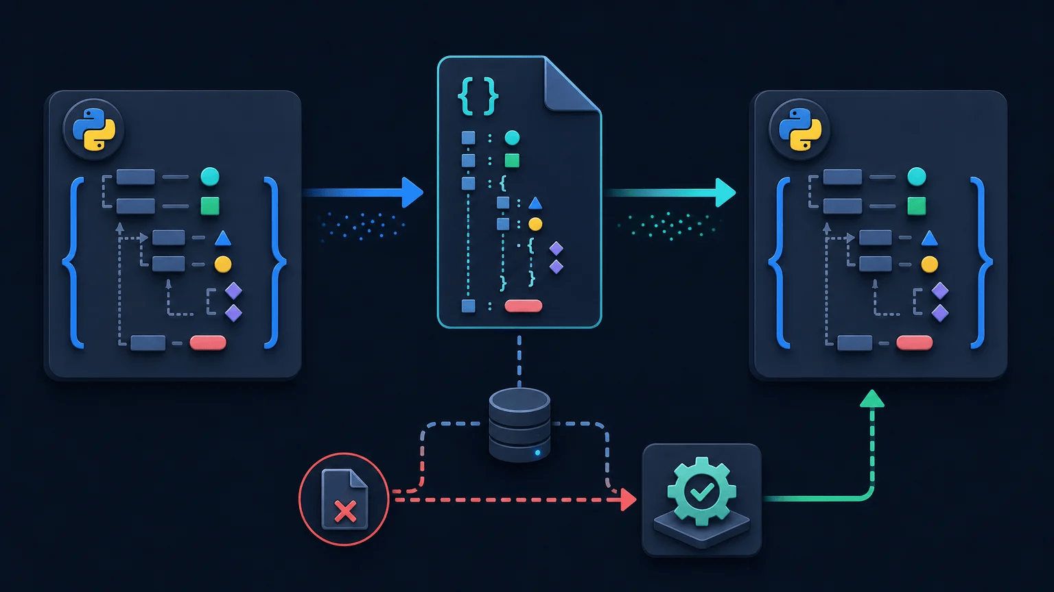 How to Read and Write JSON Files in Python Python application settings flowing between a dictionary, JSON file, and default fallback configuration