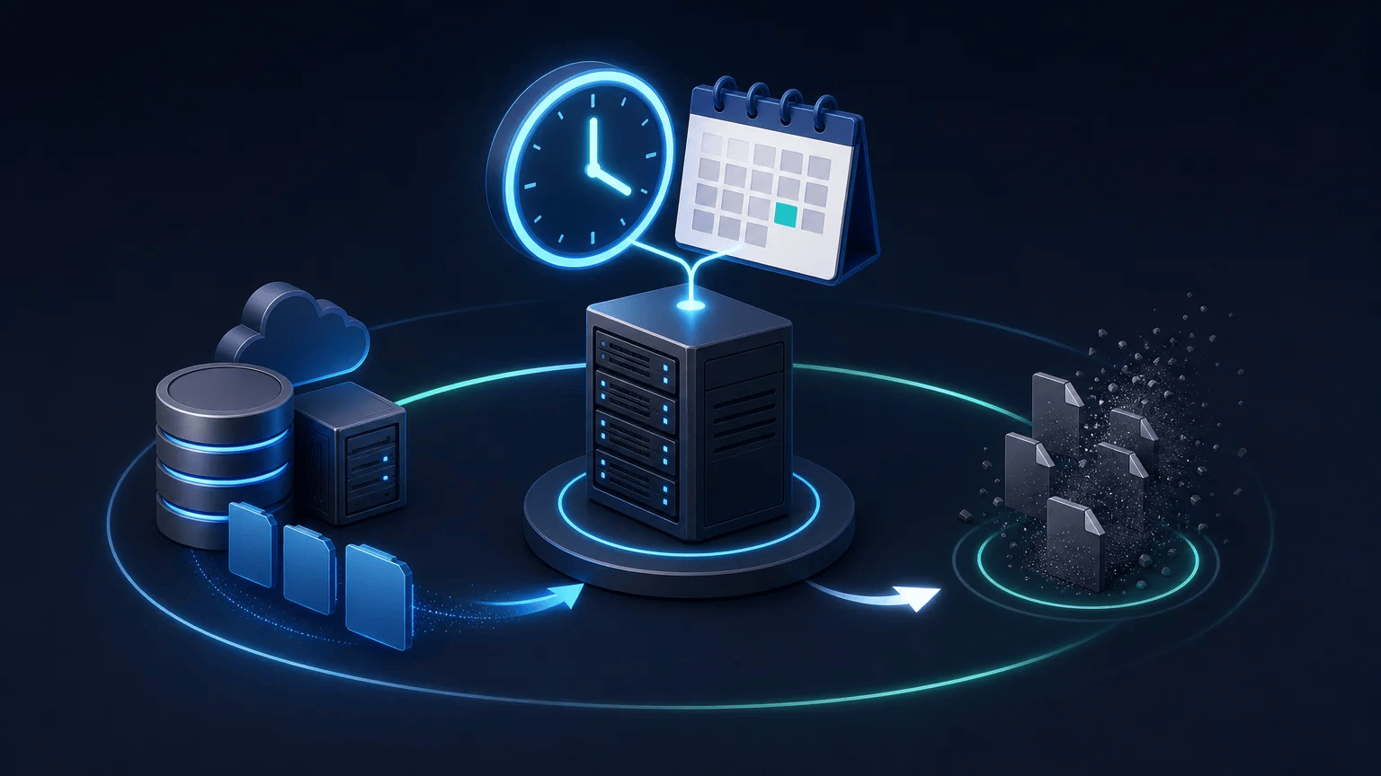 Clock-driven workflow automatically backs up files and removes older log files