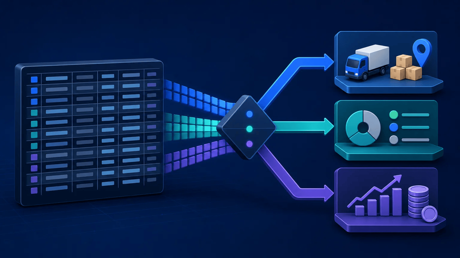 Database records branching into shipping, status, and revenue categories through conditional logic