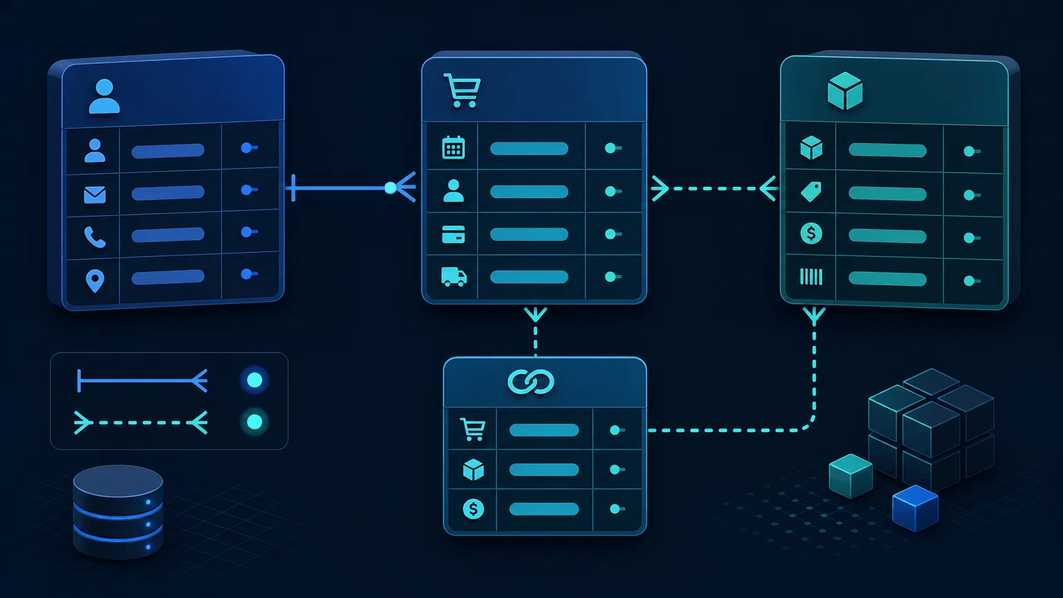 Database Normalization and Table Relationships in SQL Connected customer, order, and product tables illustrating normalized SQL database relationships