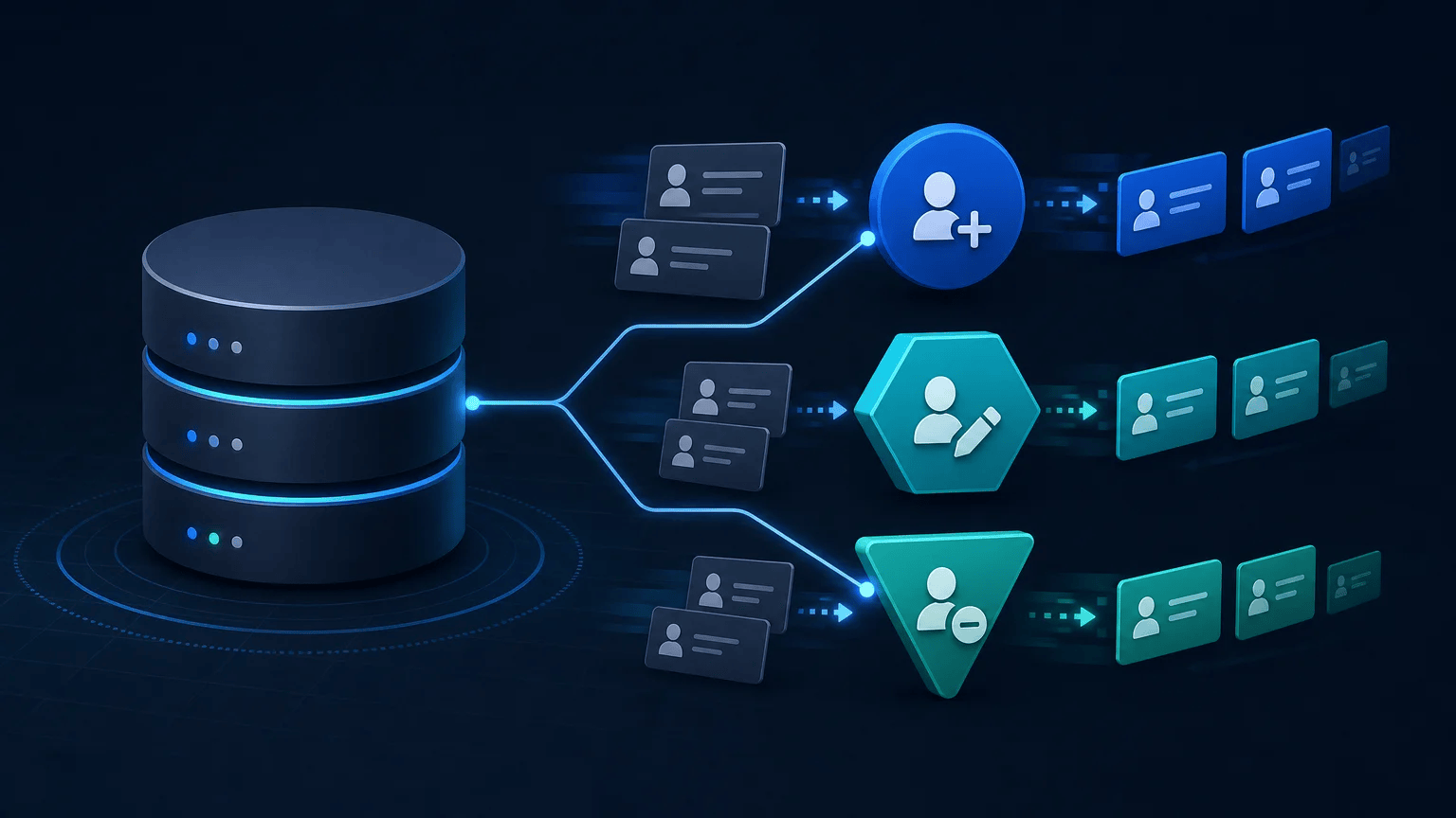 How to Use INSERT, UPDATE, and DELETE in SQL Database cylinder connected to symbols for adding, editing, and removing customer contact records
