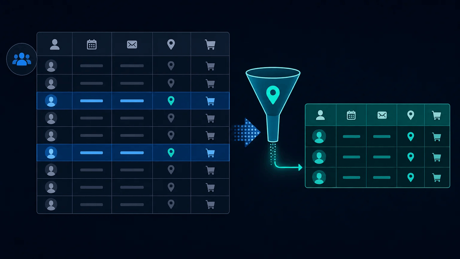 Customer records highlighted in a filtered relational table for SQL data retrieval