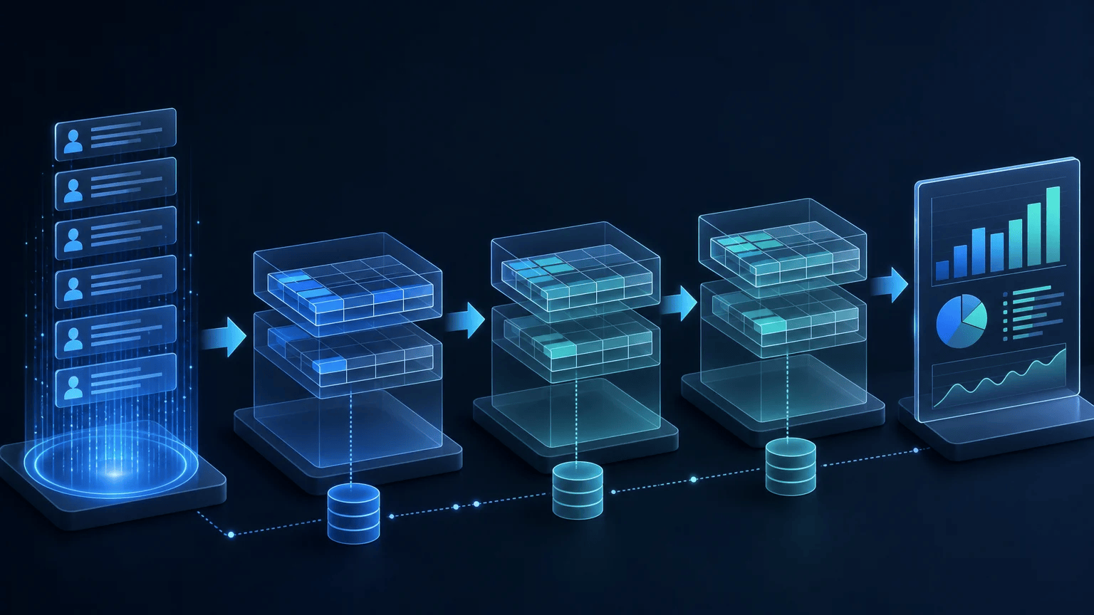 Customer data flowing through temporary staging tables into a summarized report