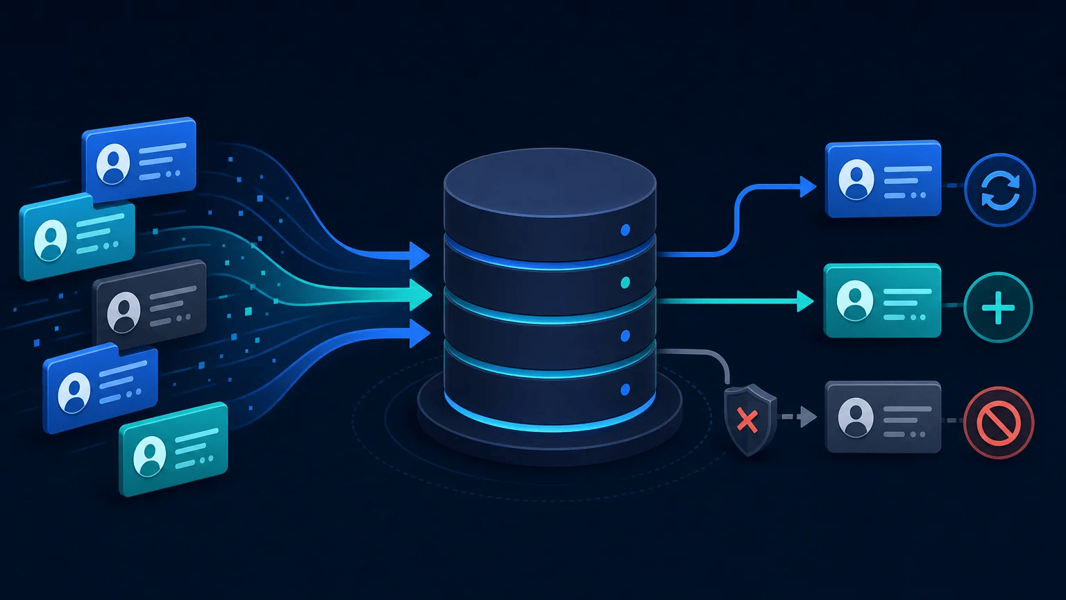Incoming customer records synchronize with a database through update, insert, and duplicate-prevention paths
