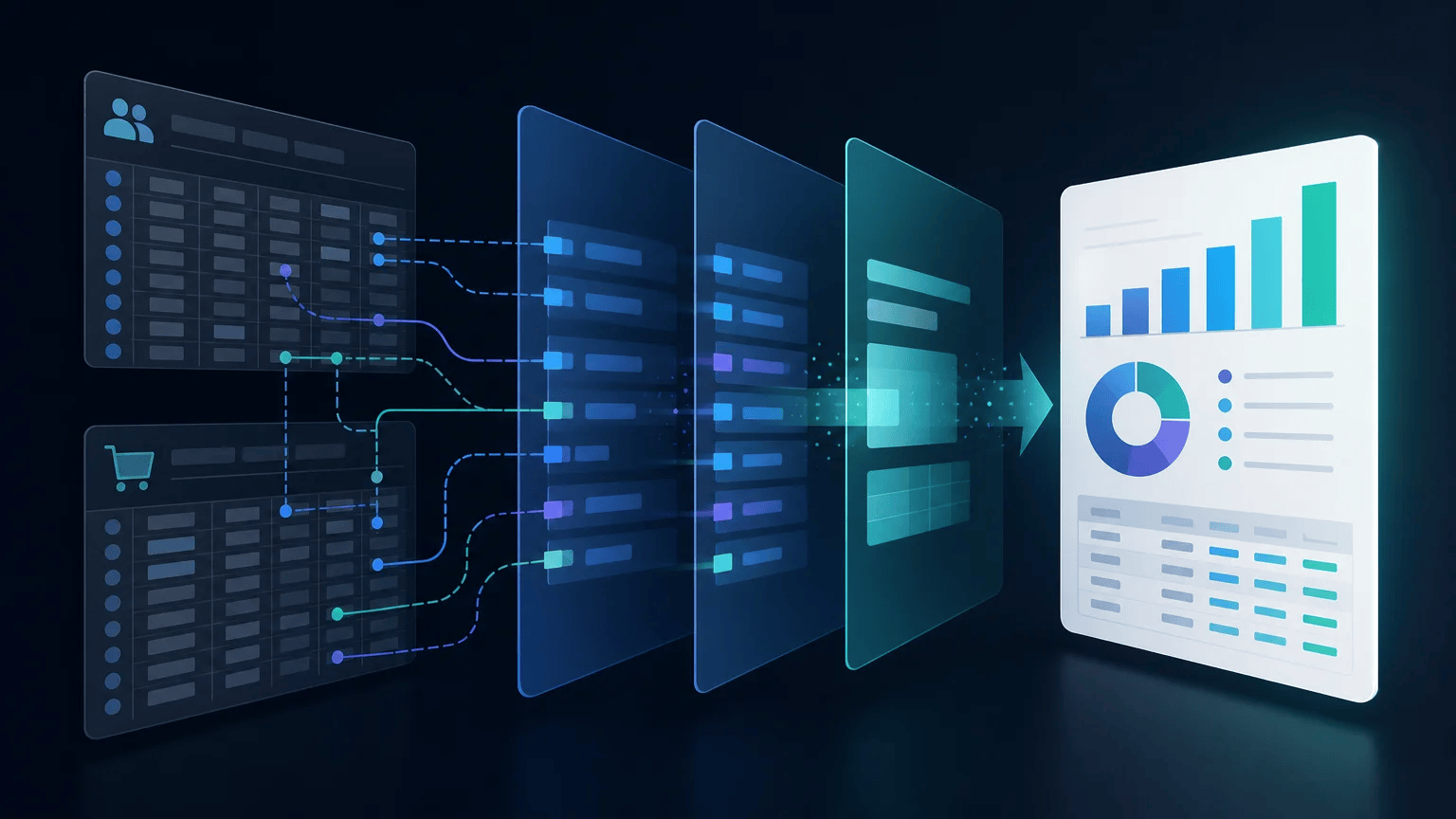 SQL Views: Create and Reuse Queries Layered database tables transformed into a clean reusable customer order report view