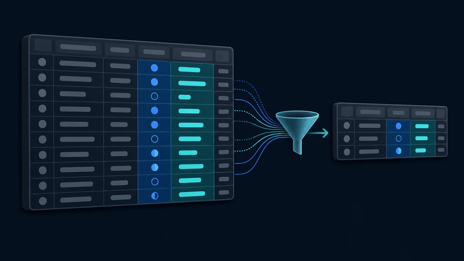 Database rows filtered into selected orders using status and amount conditions