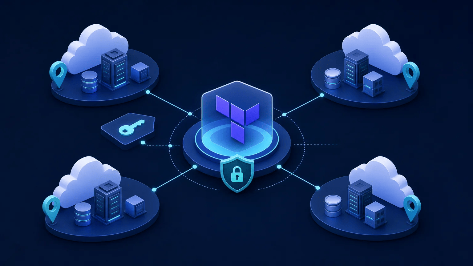 Abstract Terraform provider hub connecting secure credentials to regional cloud infrastructure nodes