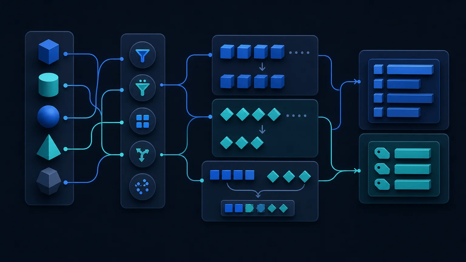 Terraform variables transformed into consistent resource names, tags, and environment settings through connected data shapes.