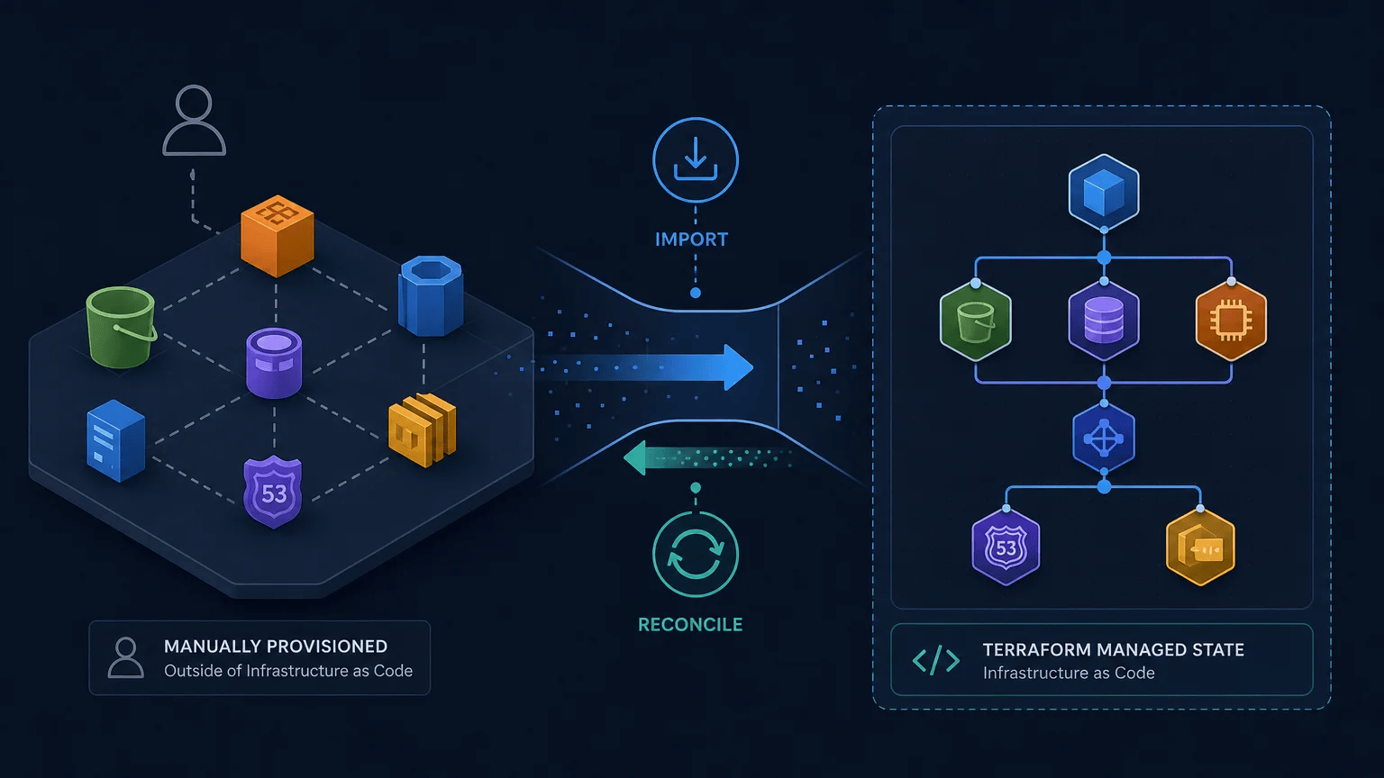 Cloud infrastructure resources transitioning into structured Terraform management through an import and reconciliation workflow.