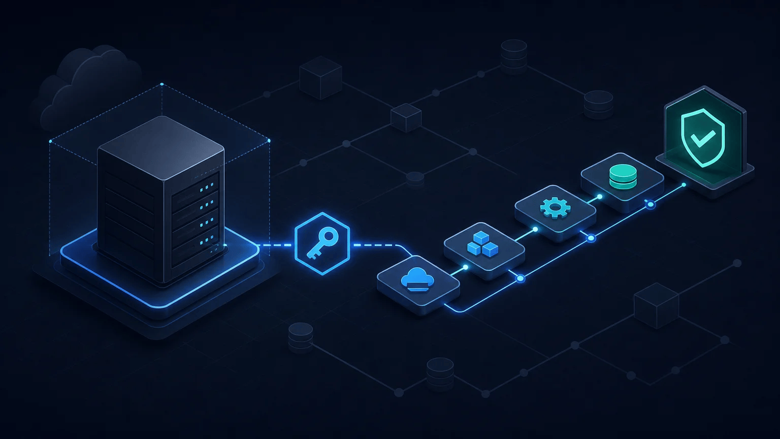 Cloud server connected through SSH to ordered bootstrap steps and a validation checkpoint