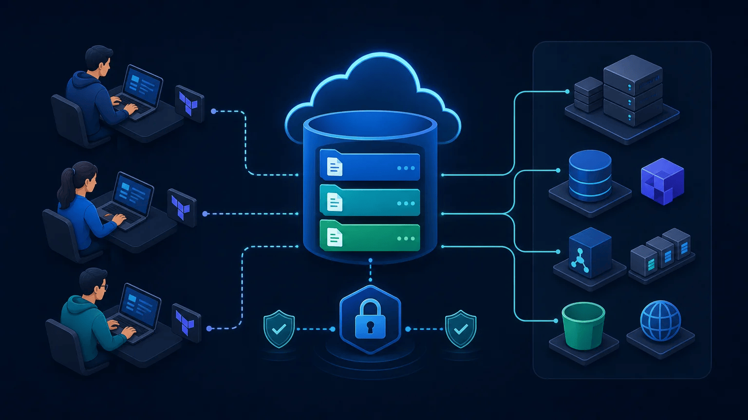 Team members share locked Terraform state across separate cloud infrastructure environments.