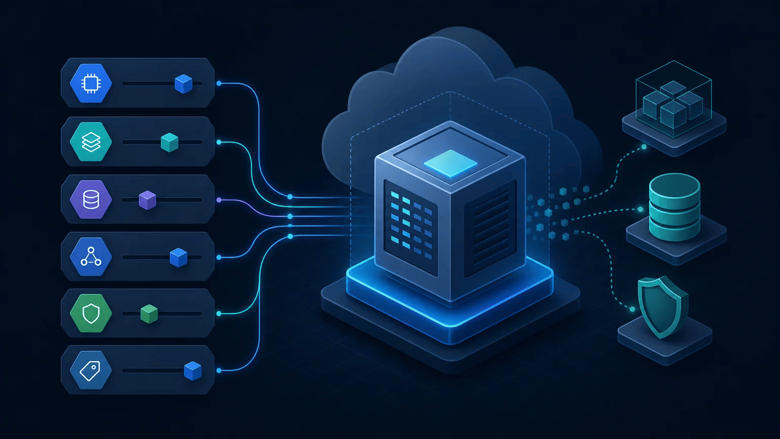 Abstract cloud server receiving modular configuration settings through connected variable controls