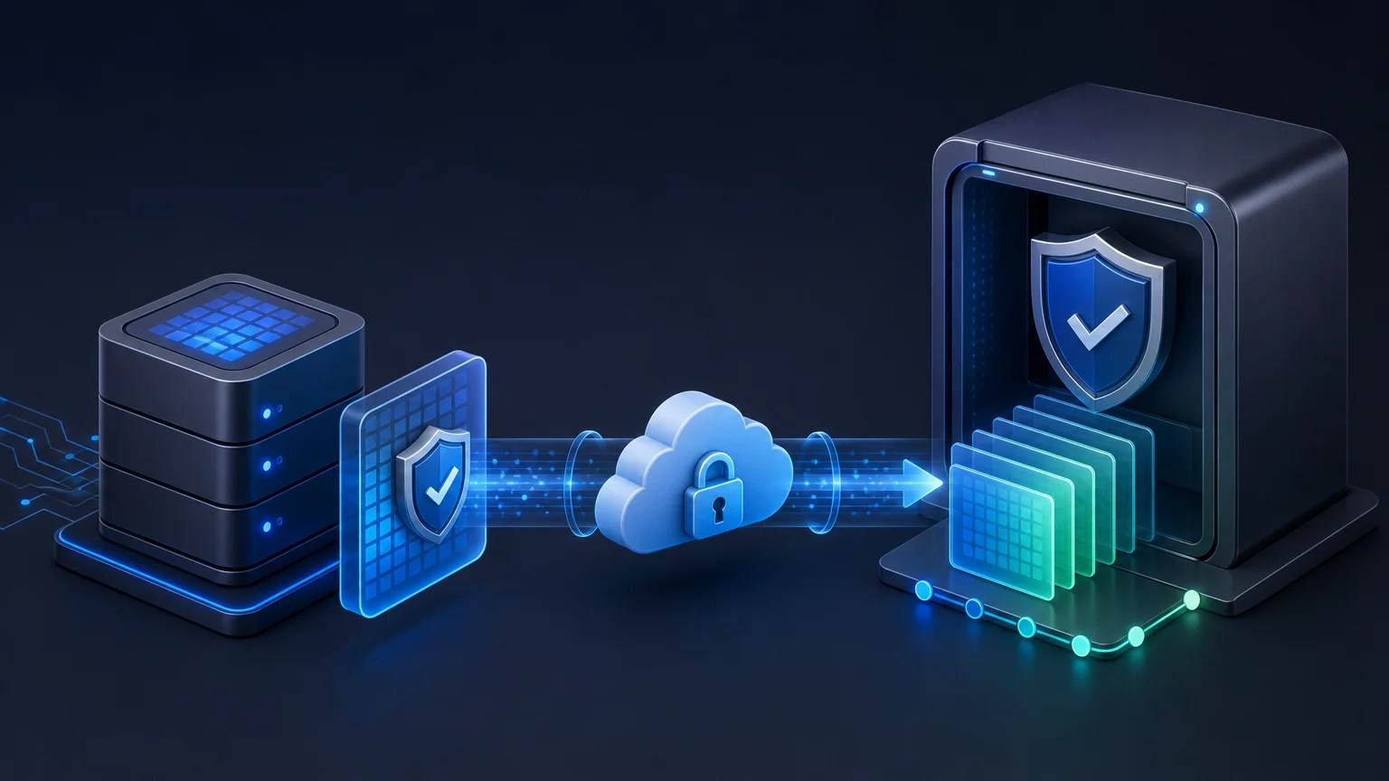 EBS volume flowing through a protected cloud backup pipeline into a recovery vault