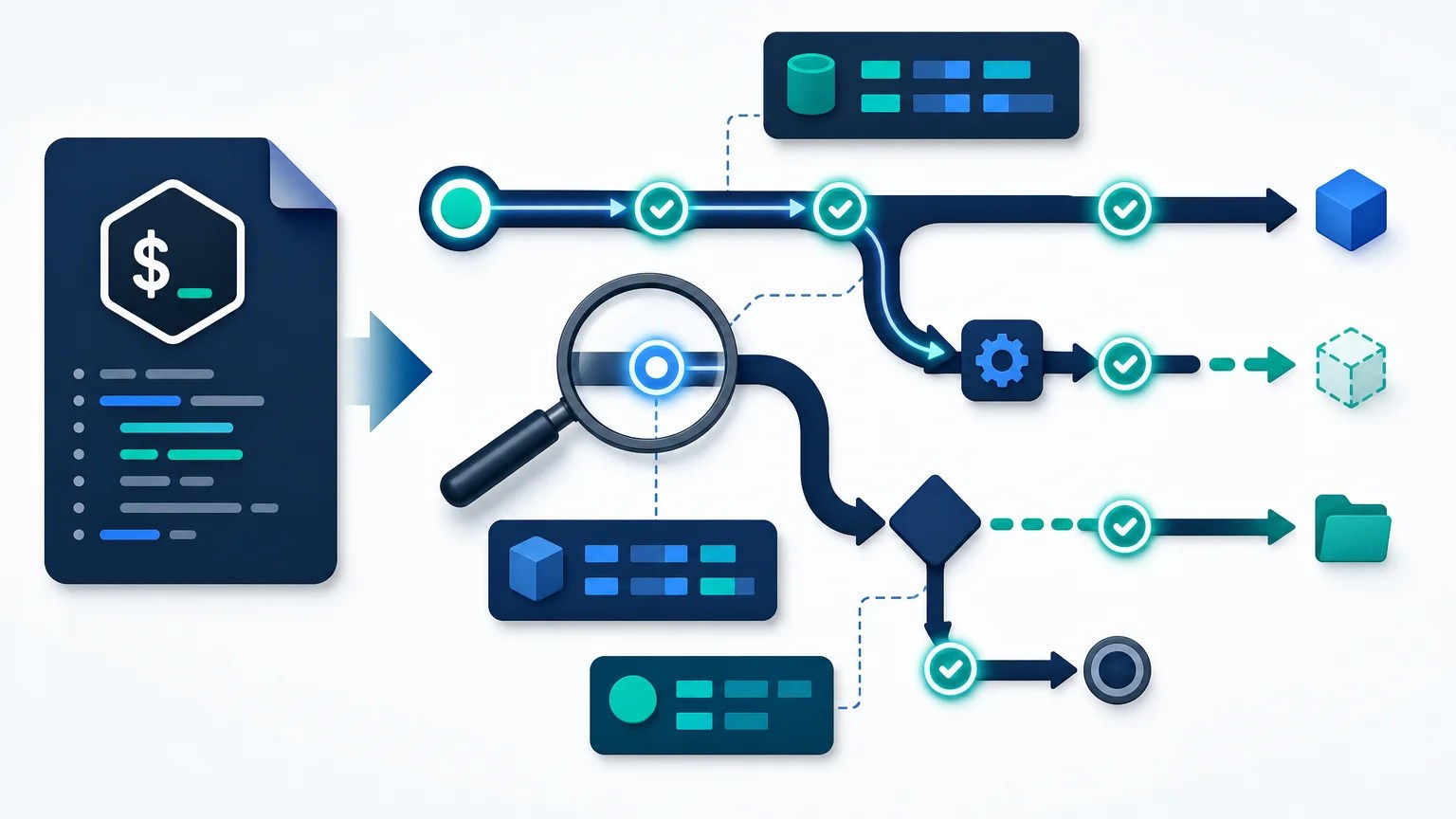 Bash automation workflow highlighted with execution-tracing checkpoints for diagnosing commands and variables
