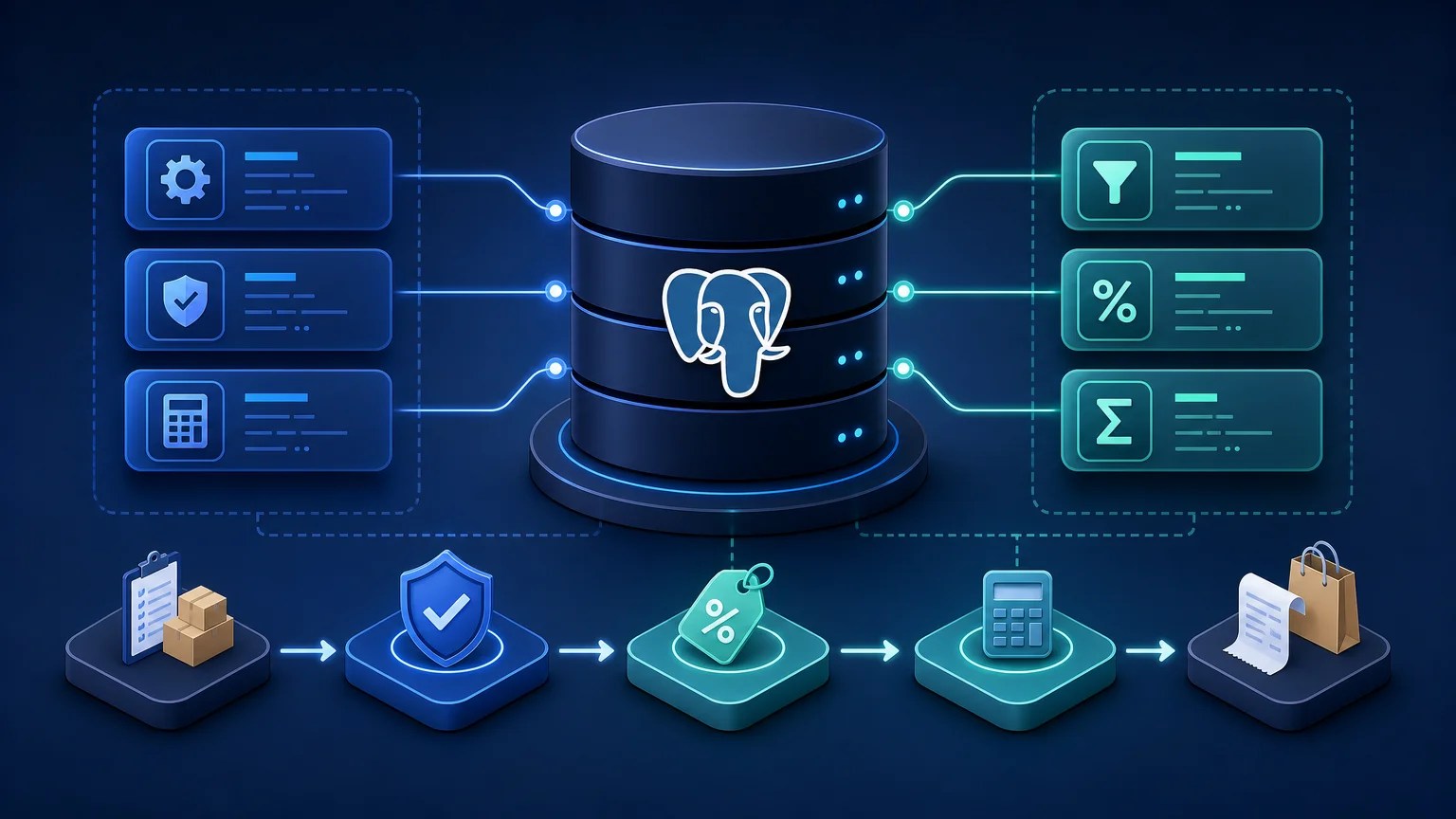 PostgreSQL Stored Procedures and User-Defined Functions Database modules process order validation, discounts, and total calculations through reusable logic