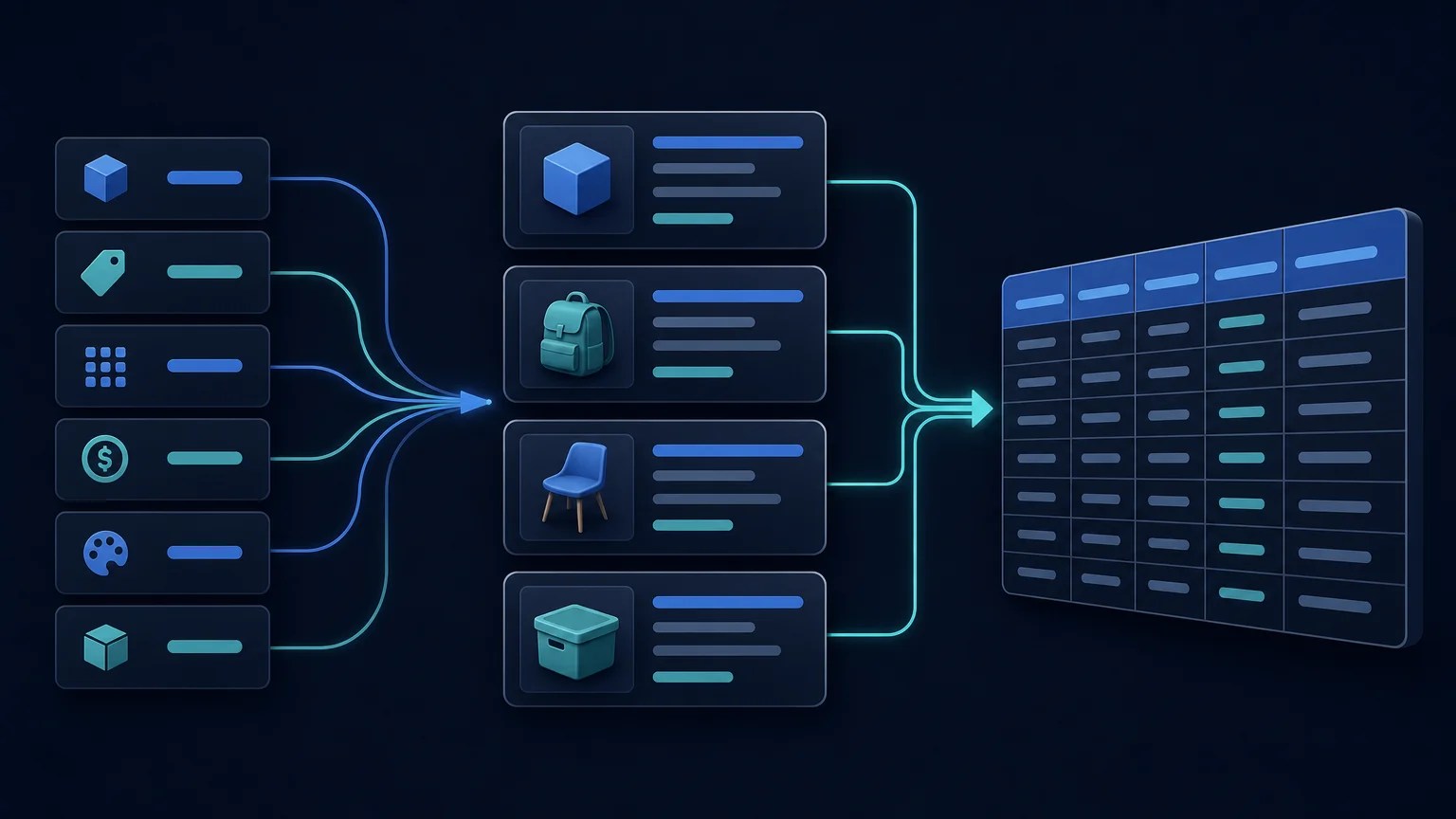 Structured inventory records flowing into an organized export table.