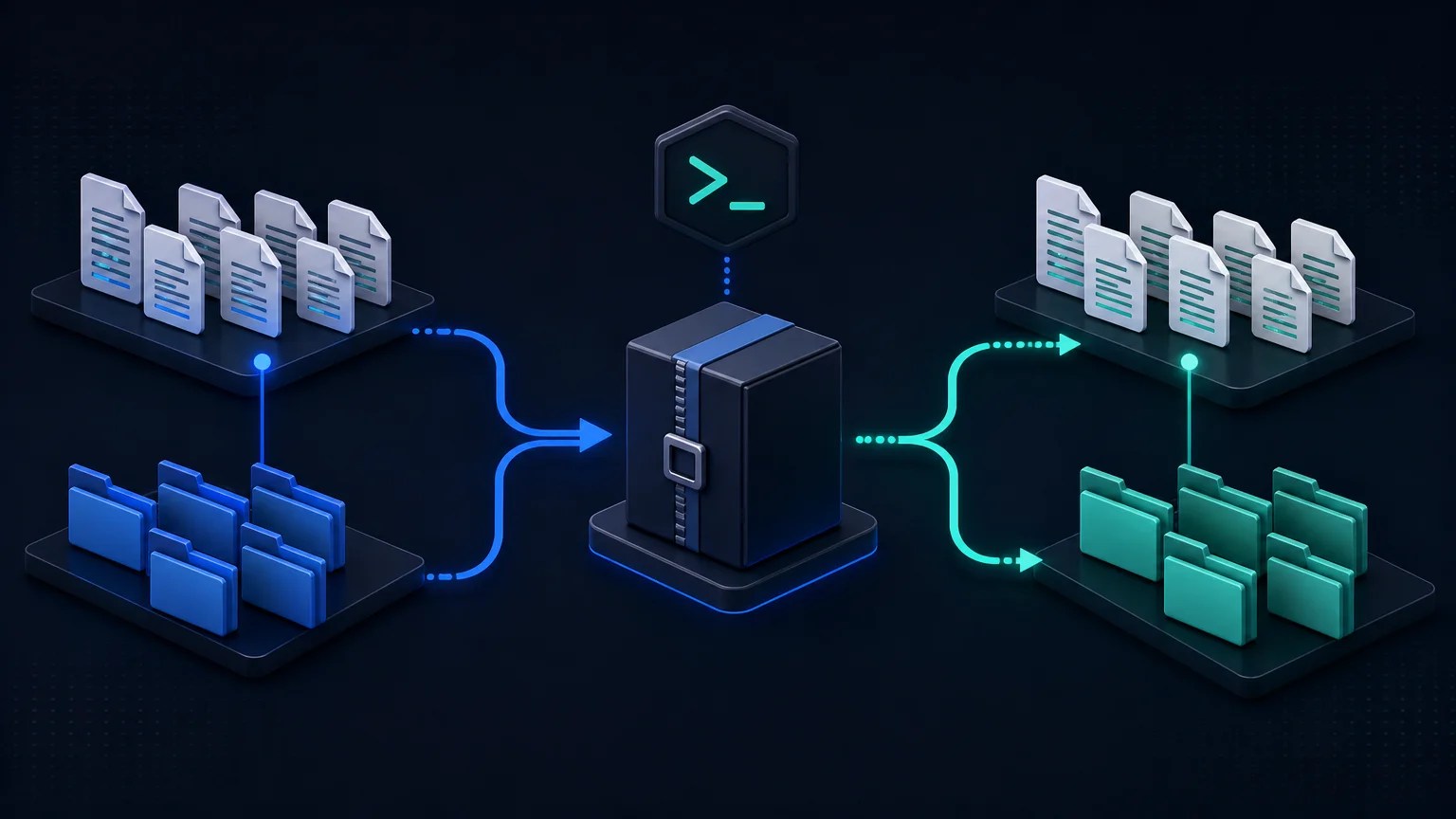 Compressed archive packaging logs and deployment files, with a safe extraction path restoring organized folders.