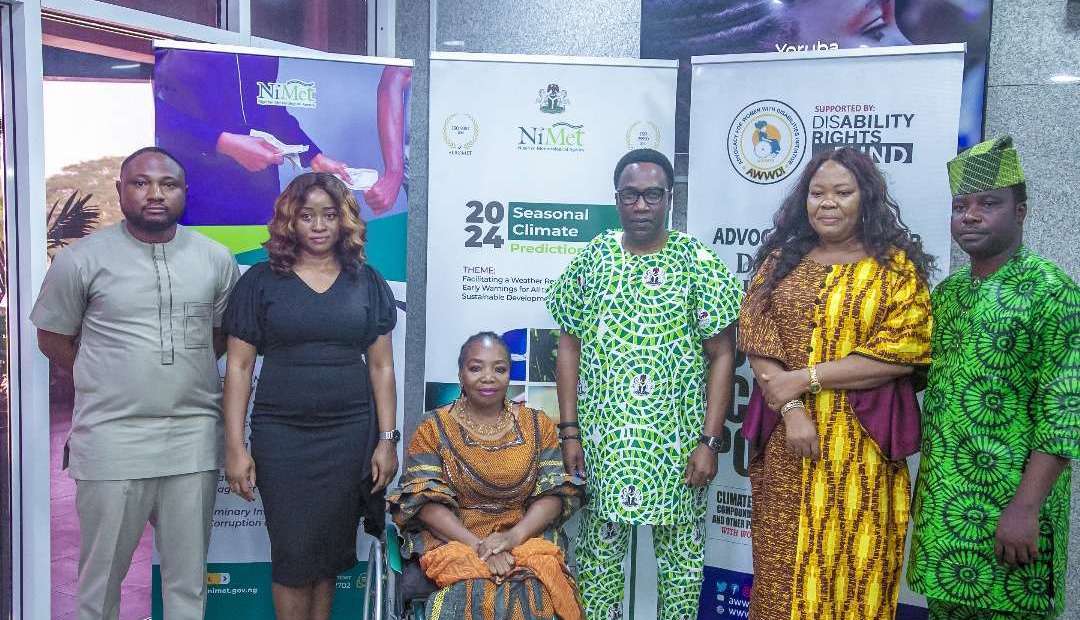 Left to Right: Barrister Shola Gabriel, Director of Legal Services, NiMet, Barrister Nneka Eze, Assistant Chief Legal Officer, NiMet, Mrs Patience Ogolo-Dickson, Executive Director, Advocacy For Women With Disabilities Initiative (AWWDI), Professor Charles Anosike, DG/CEO, Nigerian Meteorological Agency (NiMet), Mrs Gloria Onyegbule, Director of the Department of Applied Meteorological Services - DAMS (NiMet), and Mr. Kolawole Jayson’s, Programme Manager, AWWDI, during the MoU signing between NiMet and AWWDI to enhance the availability of information on weather and climate to persons with disability in Nigeria at NiMet Headquarters in Abuja on Friday, 29th November 2024.