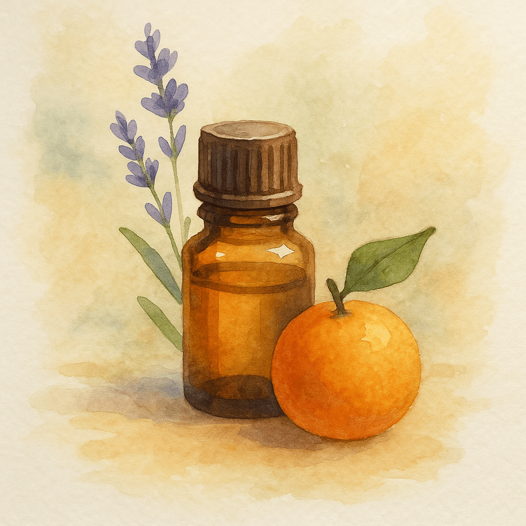 A watercolor illustration featuring a brown glass essential oil bottle, a fresh orange with a green leaf, and sprigs of lavender, symbolizing essential oils and natural healing.