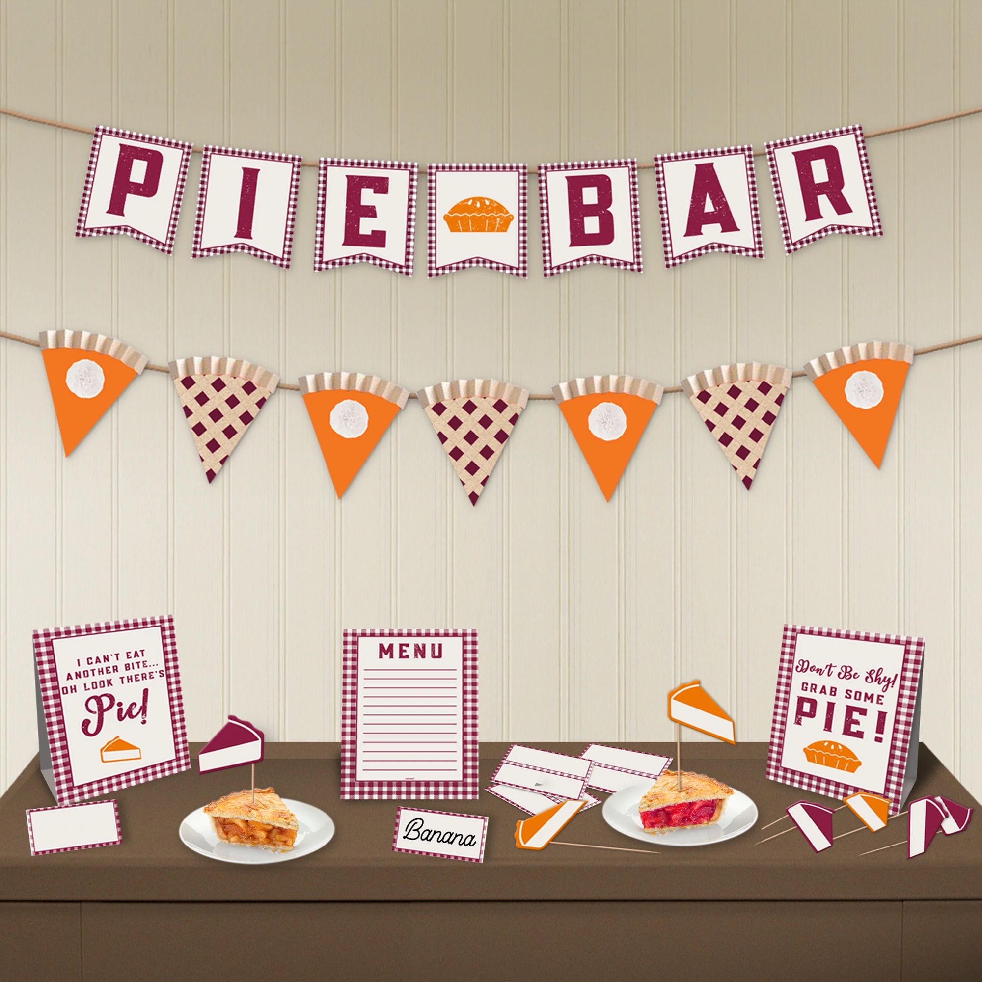 Pie Bar Buffet Decorating Kit 2 Banners, 10' 3 Large Tent Cards, 8 3/4" x 6 3/4" 6 Small Tent Cards, 2" x 4" 6 Picks, 7"