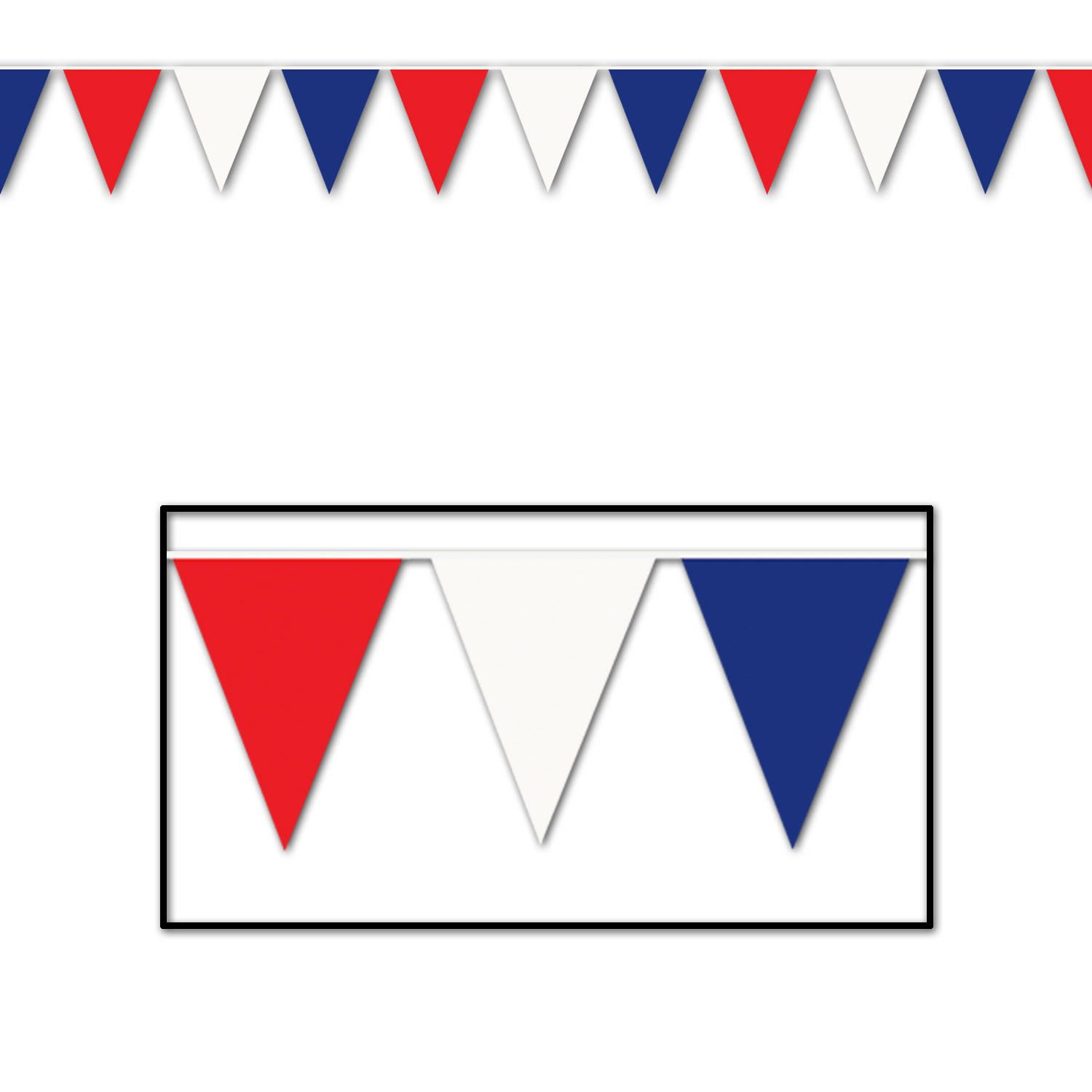 Red, White and Blue Outdoor Pennant Banner 30' Long x 17" Tall, All-Weather Heavy Duty Plastic