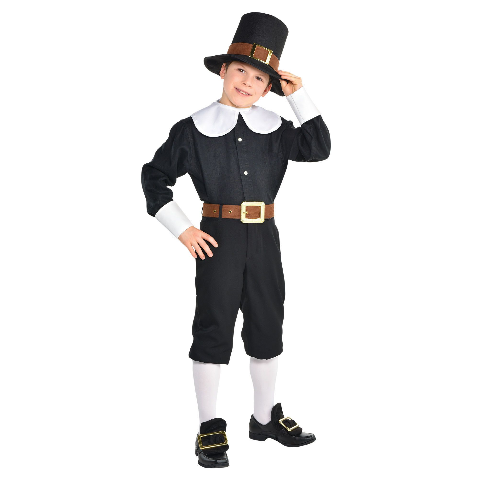 Thanksgiving Pilgrim Accessory Set - Child Standard - Hat Collar Adjustable Belt 2 Clip-on Shoe Spats 2 Wrist Cuffs