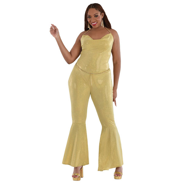 Adult Gold Metallic Disco Jumpsuit Costume {W331}