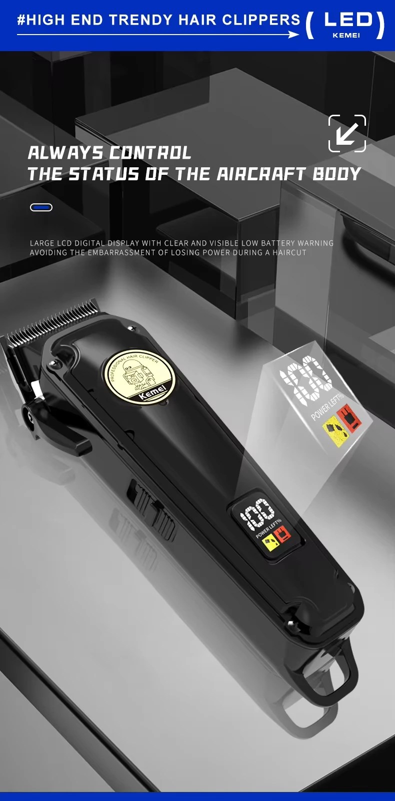 Kemei KM-2372 - Réglable 8W Rechargeable 2000 mAh Sans Fil Électrique LCD noir - - Boutique Algérie