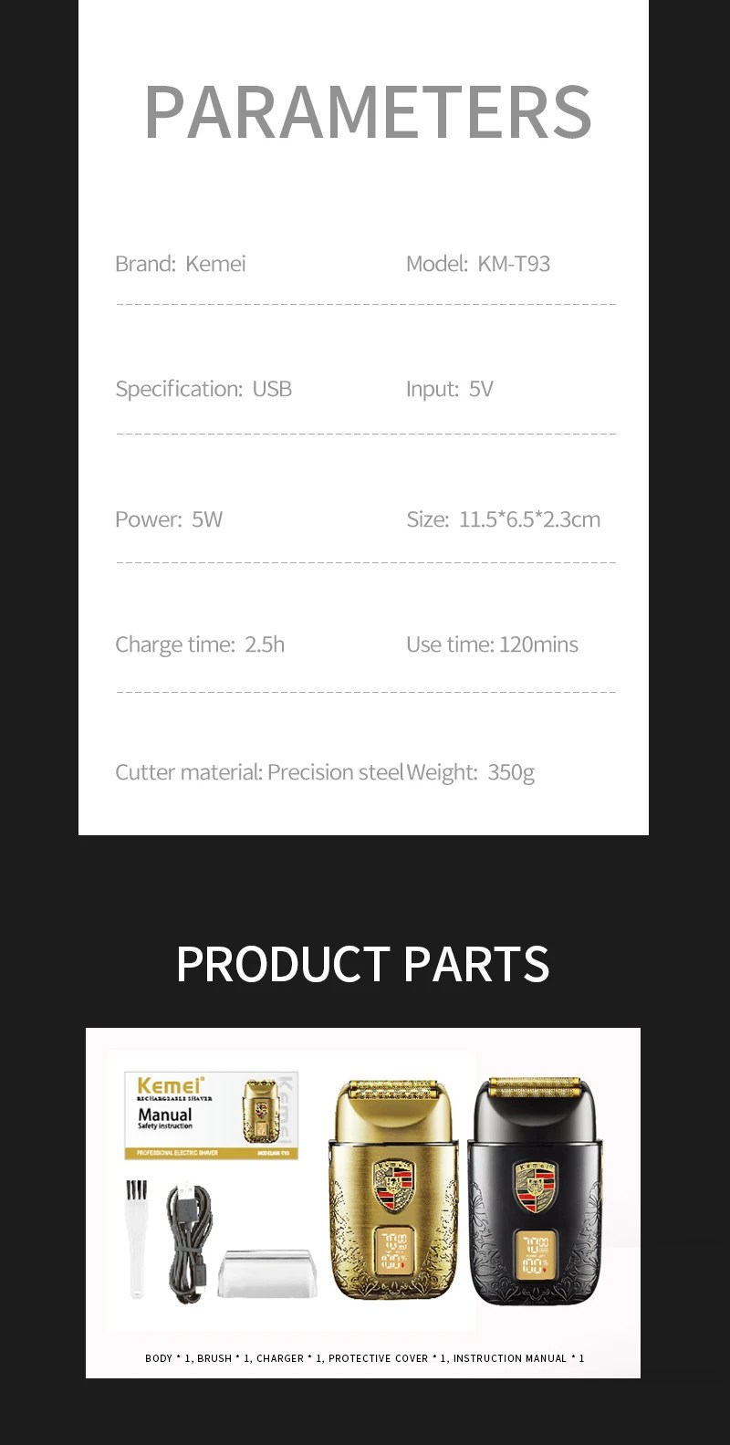 Kemei KM-T93 rasoir avec affichage LED cheveux barbe pour hommes en rasoir métal coquille - Rasoir Électriques - Boutique Algérie