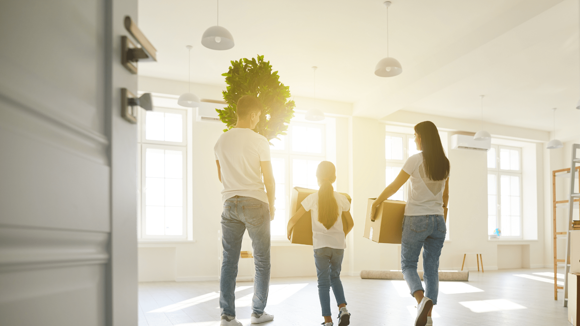 Graphic reading “Move-In Move-Out Cleaning” with a stylized house and mop or cleaning tools.
