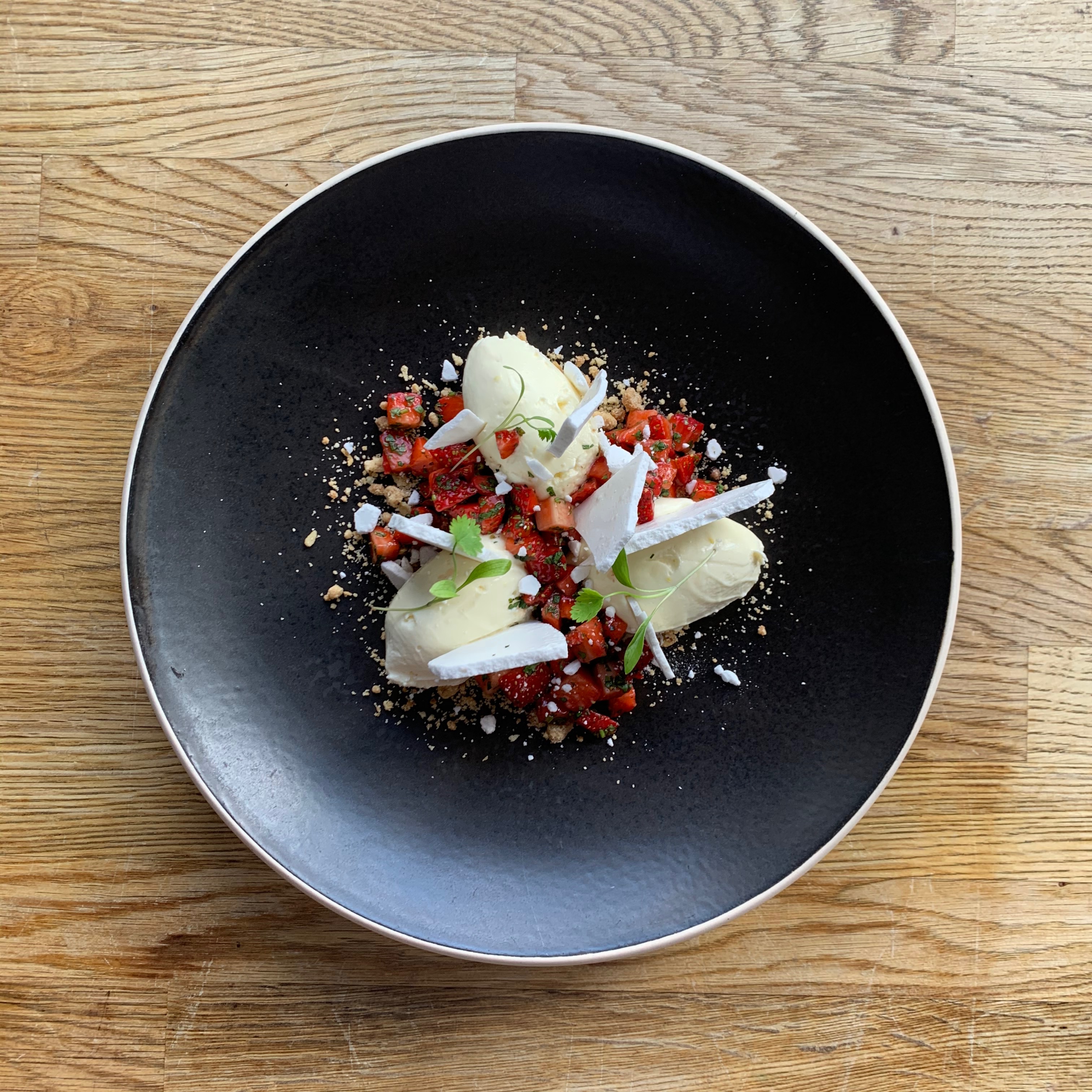 Champagne Syllabub / Fragrant Strawberry Salsa / Meringue