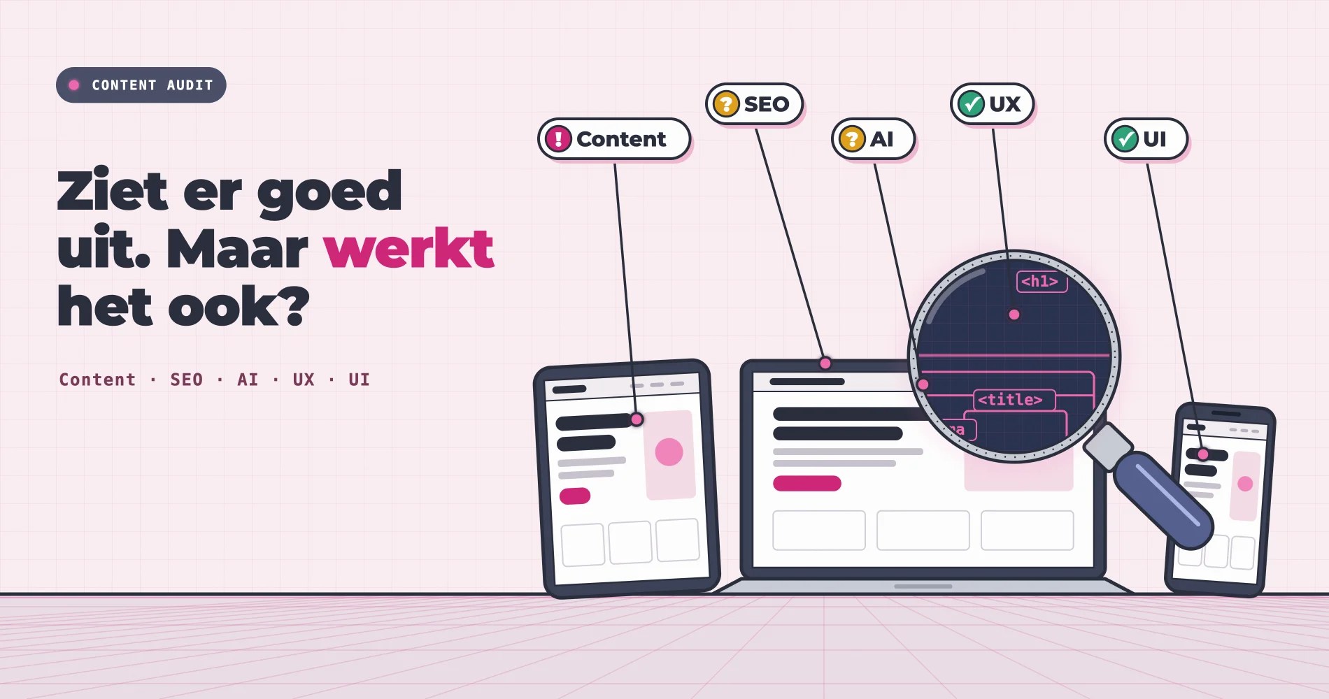 Illustratie met de kop “Ziet er goed uit. Maar werkt het ook?”: een tablet, laptop en telefoon met dezelfde website; een scanner-vergrootglas en labels voor Content, SEO, AI, UX en UI.
