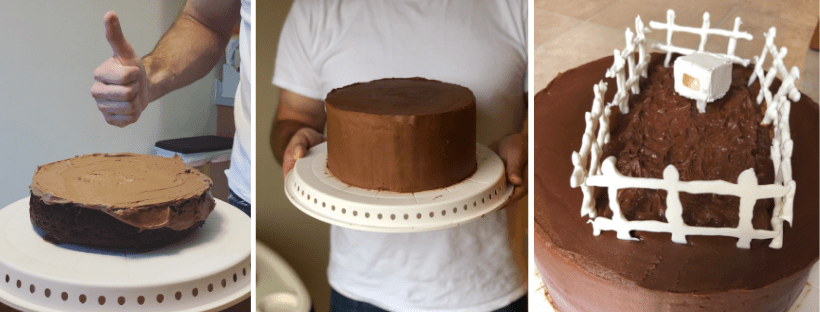 Three consecutive images showing the process of a cake being decorated.