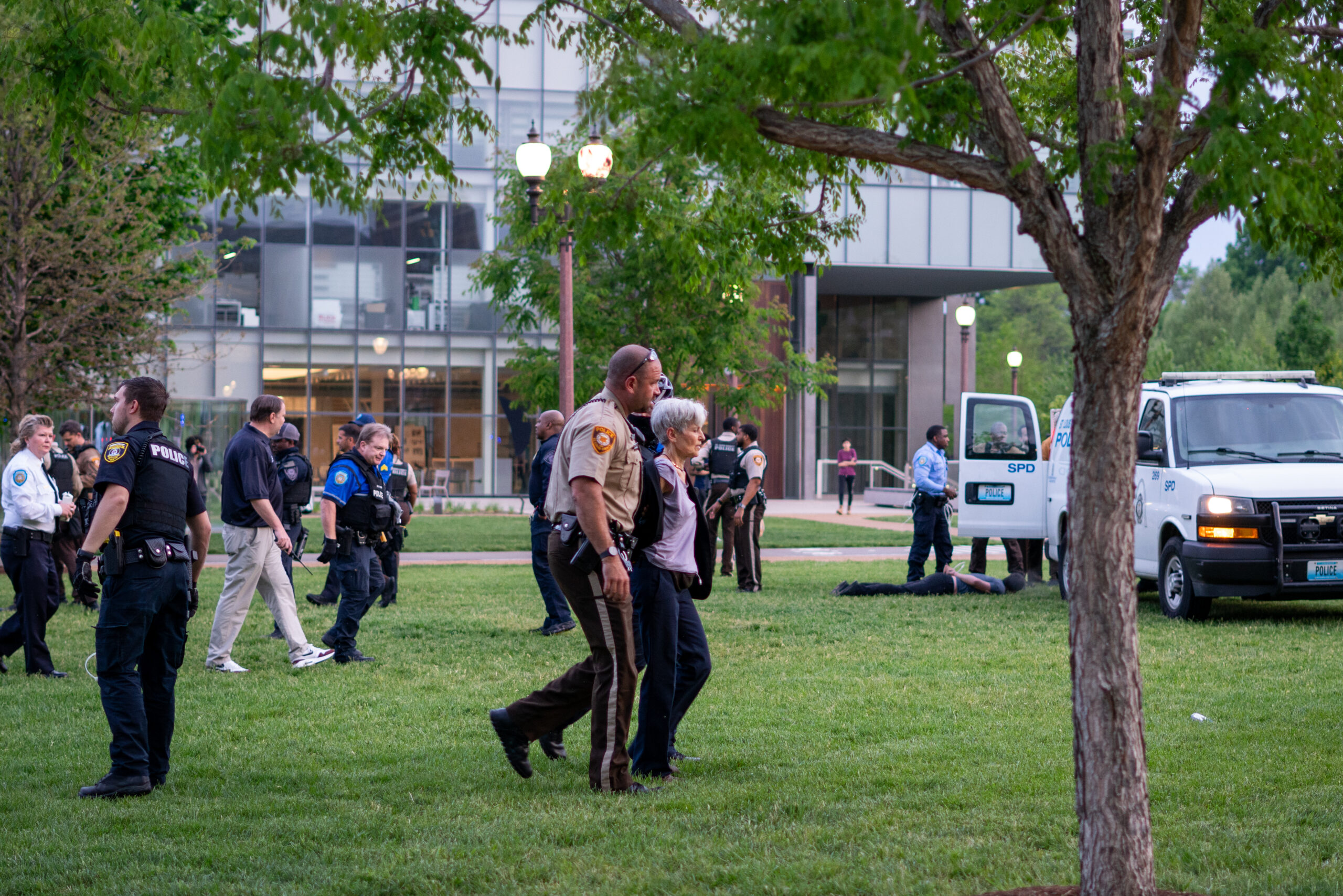 Photograph of Jill Stein being arrested during the attempt to build an encampment on Tisch Field (Source: Student Life)