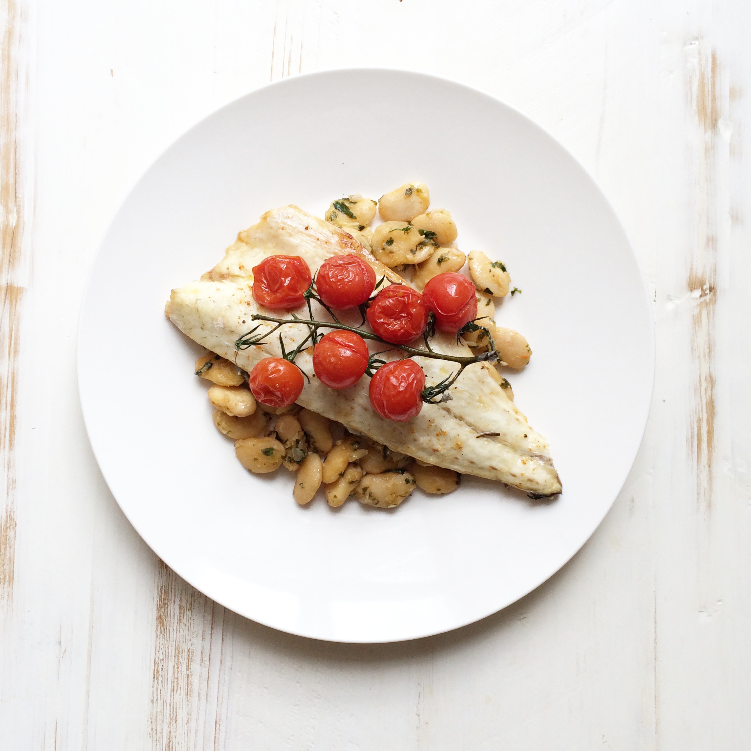 Roasted Sea Bass with Cherry Tomatoes and Butter Bean and Parsley Salad