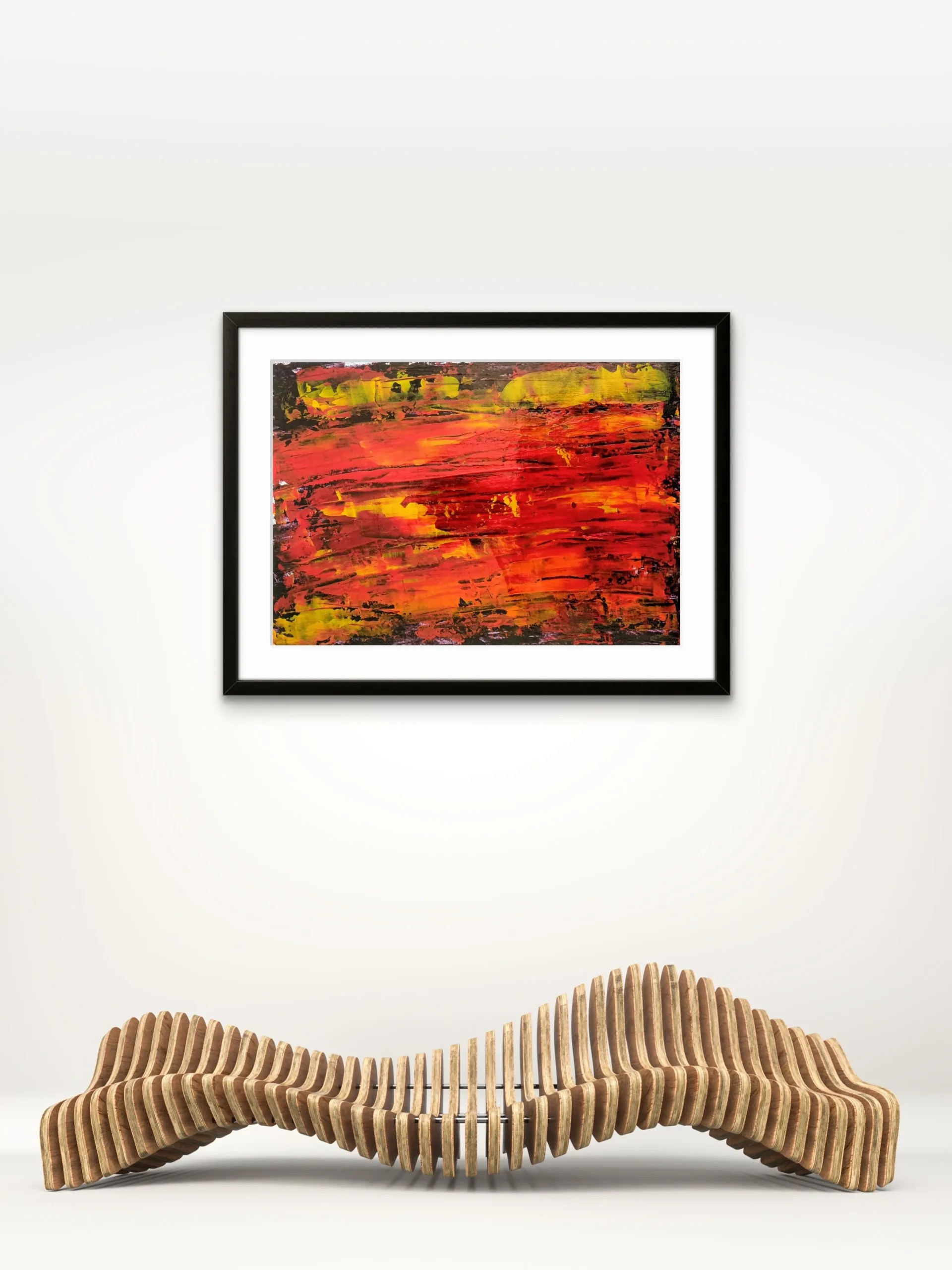 Anger shown on a wall— original acrylic on paper by Daniel Arendzen, 29.7 × 42 cm / 11.7 × 16.5 in. Bold, raw mark-making in deep red, orange, and acid yellow-green against a hand-applied black ground; wide horizontal palette knife strokes give the surface a pressured, forceful energy. Unique original abstract art — no reproductions will be made from it.