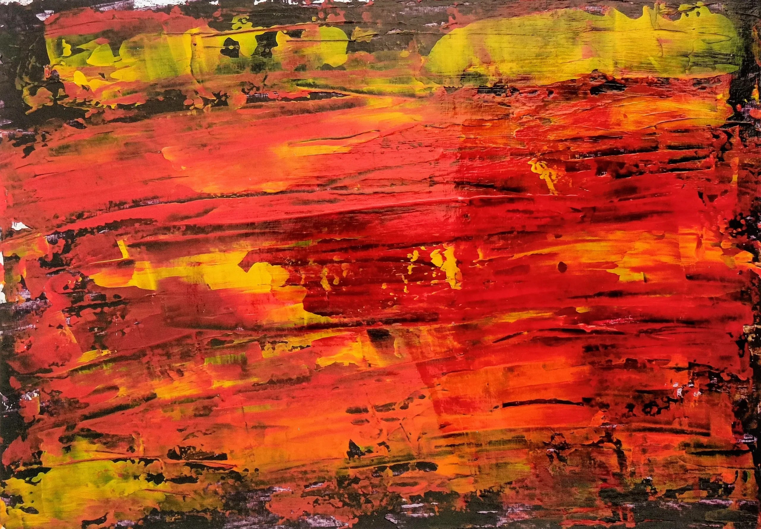 Anger in detail — original acrylic on paper by Daniel Arendzen, 29.7 × 42 cm / 11.7 × 16.5 in. Bold, raw mark-making in deep red, orange, and acid yellow-green against a hand-applied black ground; wide horizontal palette knife strokes give the surface a pressured, forceful energy. Unique original abstract art — no reproductions will be made from it.