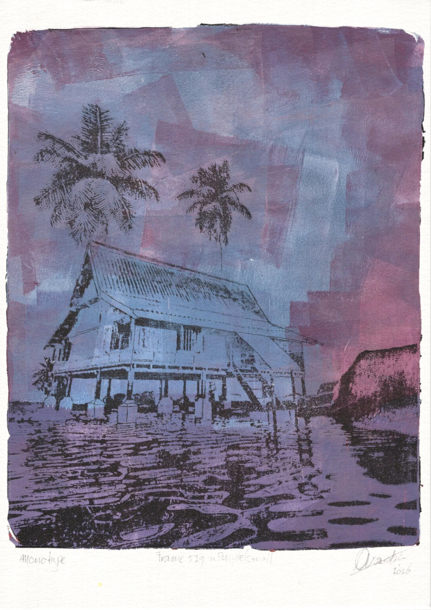 Full image of Frame 529 in Purple (s), gel plate monotype by Daniel Arendzen: a pale blue traditional Malaysian house on stilts with two black coconut palms, reflected in rippling purple water, with a dark rocky bank on the right. Big bold roller strokes of purple, pink and blue in the sky, and lines added by hand in black ink. Pressed on cotton paper