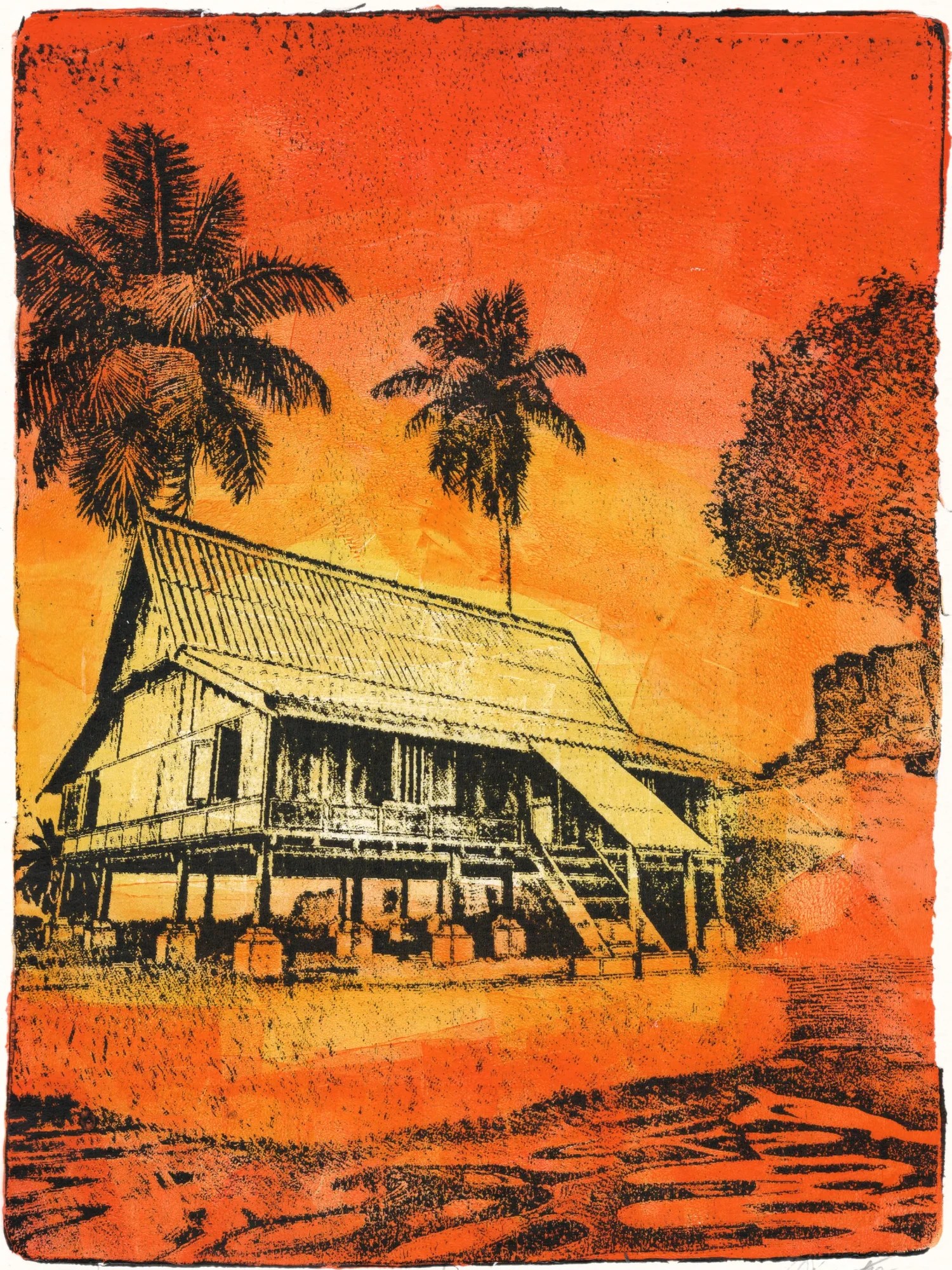 Bright Red, gel plate monotype by Daniel Arendzen, showing the printed image only: a black coconut palm above the roof edge of a Malay house with stone stairs leading to a tree in the background. Big bold strokes with a brayer of acrylic paint in yellow, orange and bright red
