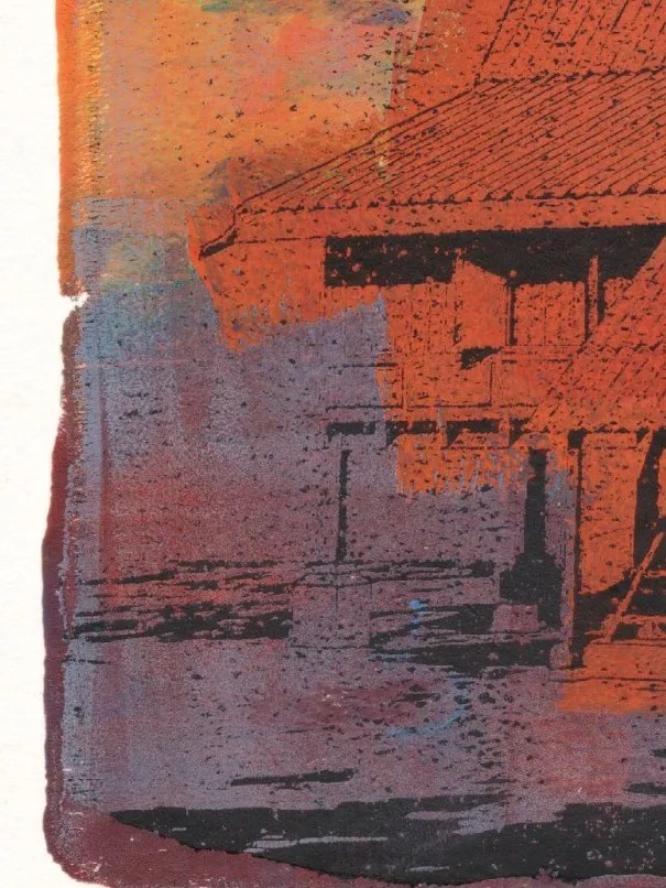 Consumed shown in a detailed shot. This is a gel plate monotype by Daniel Arendzen: the close-up shows the lower corner of the orange red traditional Malaysian house, where the purple from the bottom takes over the colour of the stilts and the ground, with black specks and rough paint texture