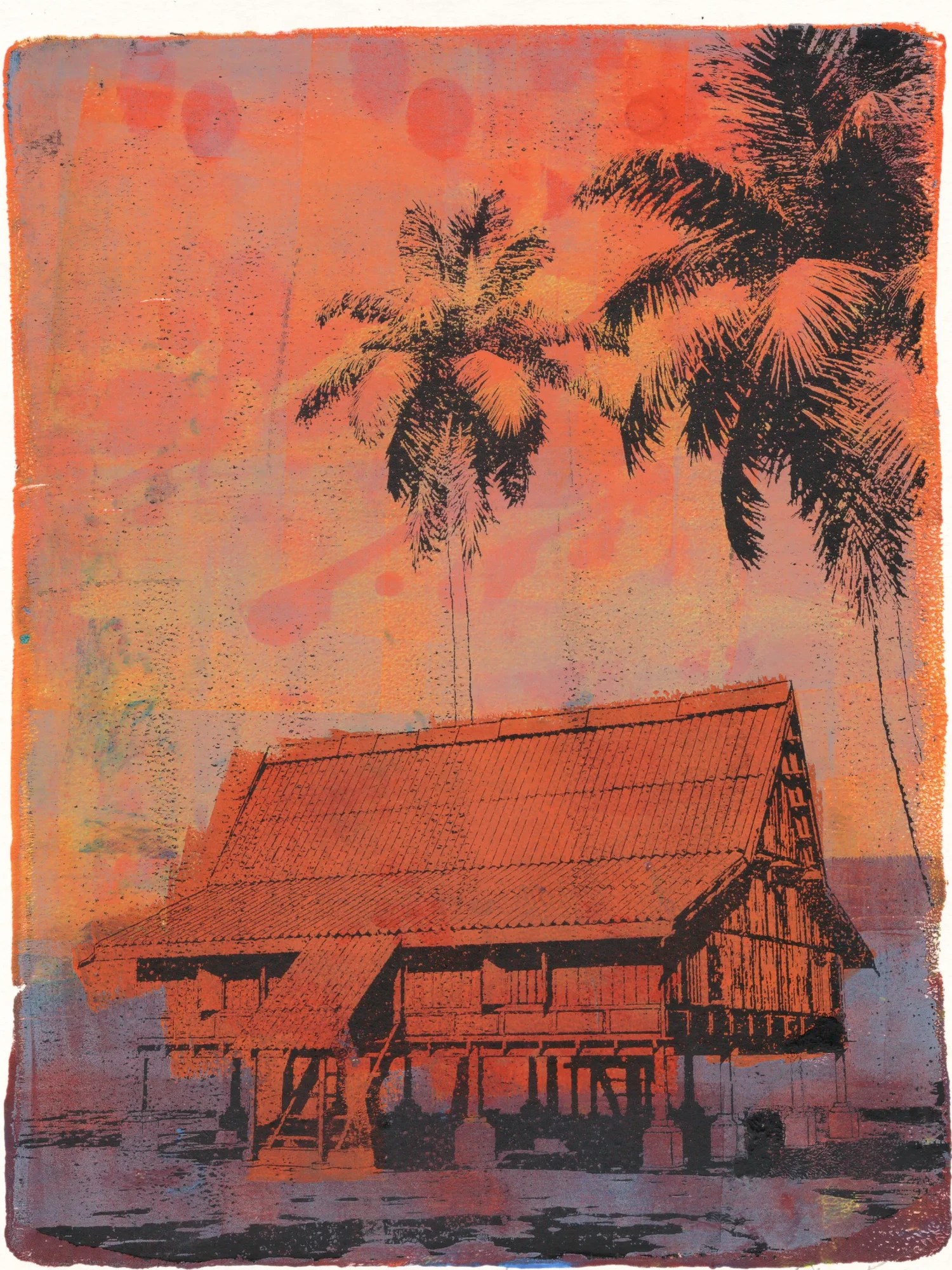 Consumed, gel plate monotype by Daniel Arendzen, showing the printed image only: an orange red traditional Malaysian house on stilts, with two black coconut palms against an orange sky. Purple rises from the bottom and covers the stilts and the ground. Rough paint application