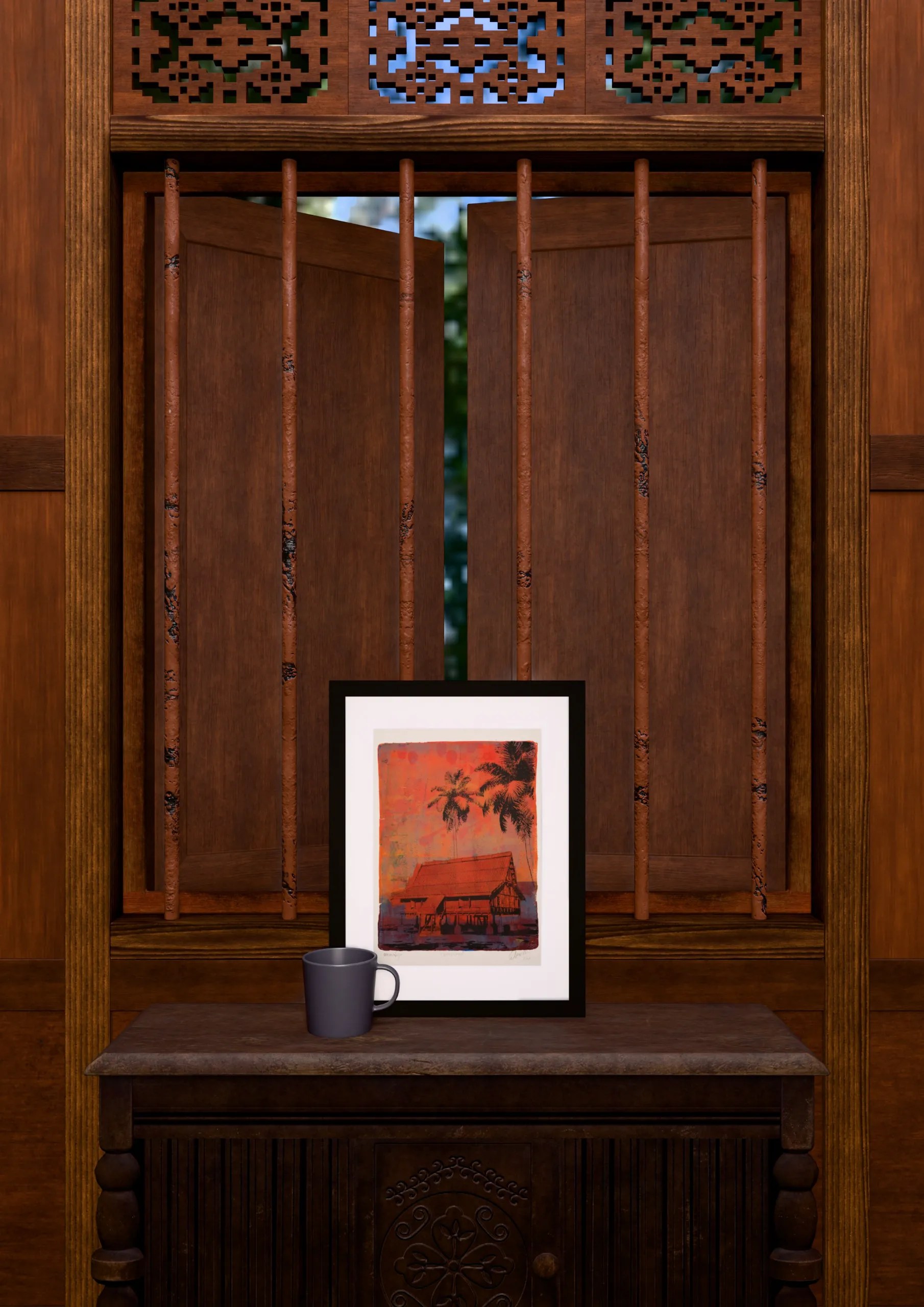 Consumed, gel plate monotype by Daniel Arendzen, framed and standing on a carved wooden cabinet under a barred window, with a mug for scale. The room is a Blender render of the interior of the same traditional Malaysian house shown in the print.