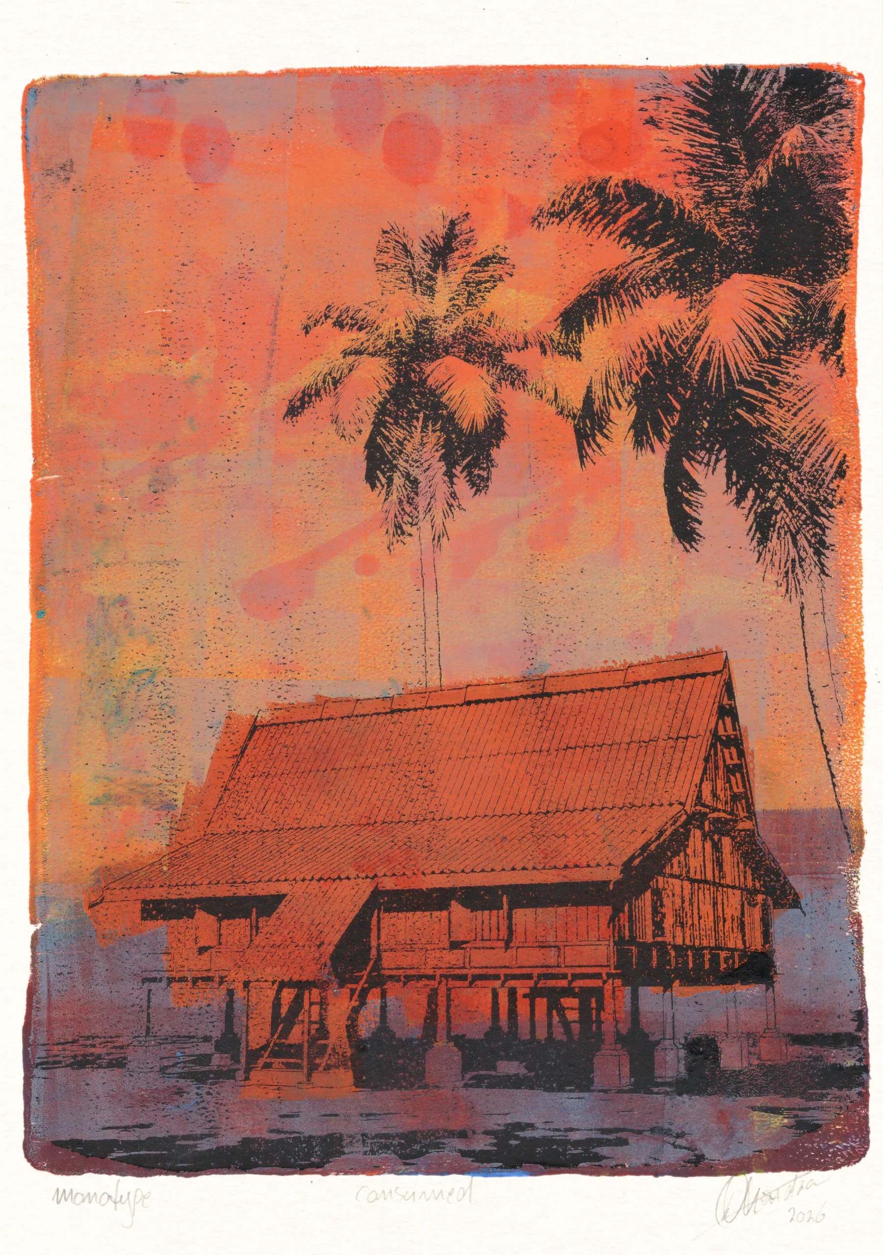 Full image of Consumed, gel plate monotype by Daniel Arendzen: an orange red traditional Malaysian house on stilts, with two black coconut palms against an orange sky. Purple rises from the bottom and covers the stilts and the ground. Rough paint application on smooth cotton paper