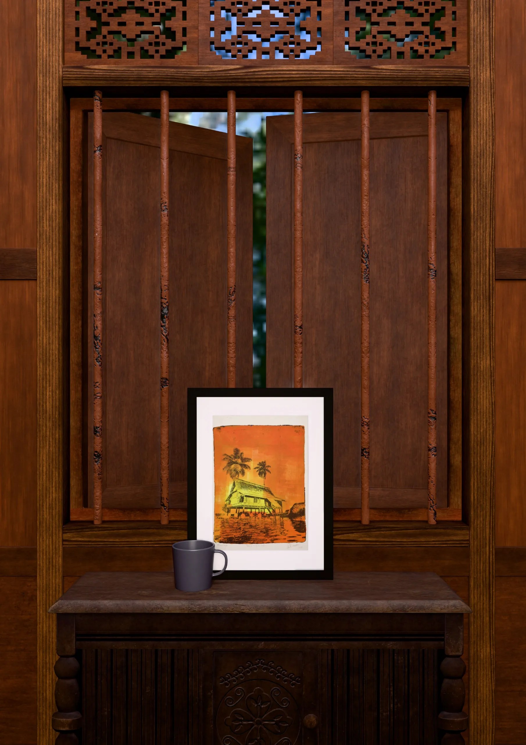 Frame 529 in Yellow (s), gel plate monotype by Daniel Arendzen, framed and standing on a carved wooden cabinet under a barred window, with a mug for scale. The room is a Blender render of the interior of the same traditional Malaysian house shown in the print.