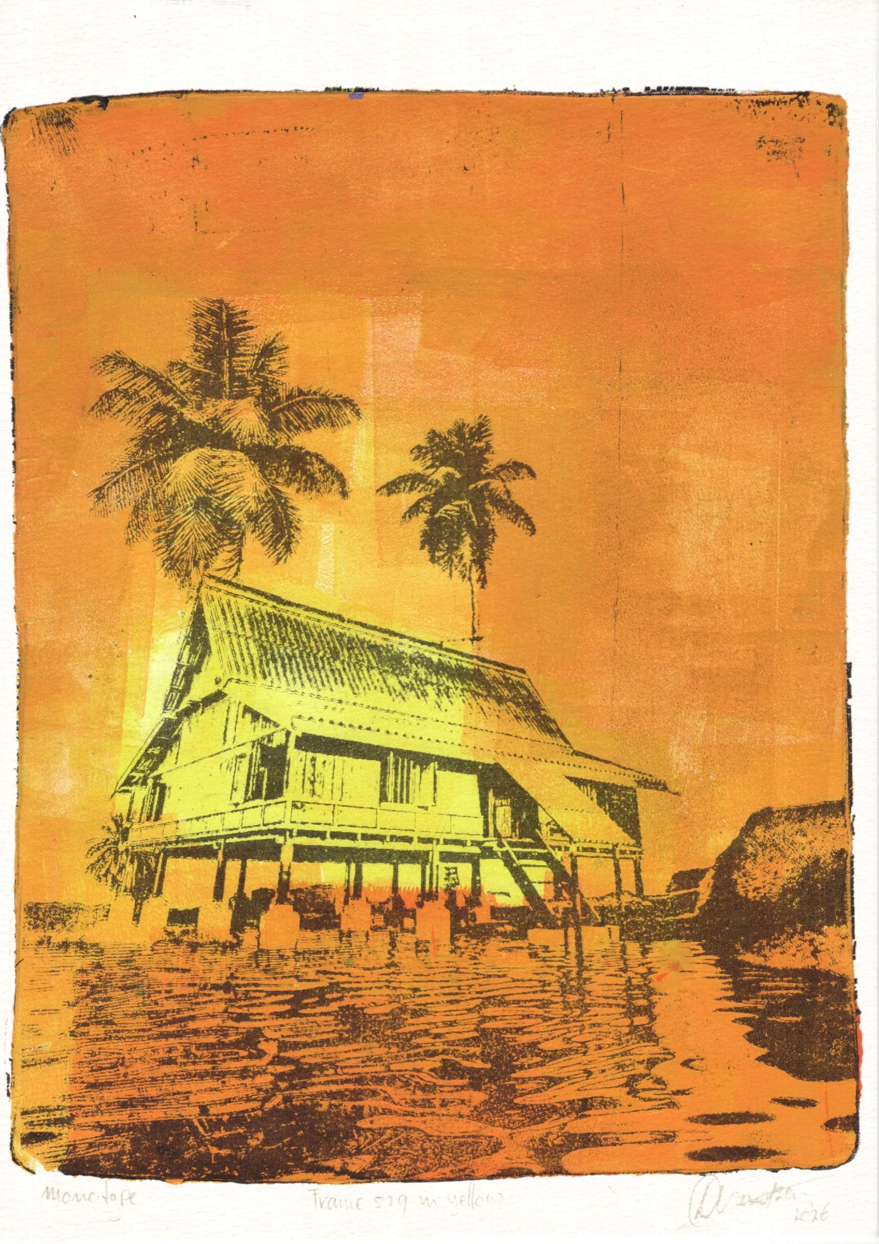 Full image of Frame 529 in Yellow (s), gel plate monotype by Daniel Arendzen: a yellow traditional Malaysian house on stilts in deep black lines, with two black coconut palms, reflected in rippling water, a dark rocky bank on the right, under a sky of yellow shades turning orange. Lines added by hand in black ink. Pressed on cotton paper
