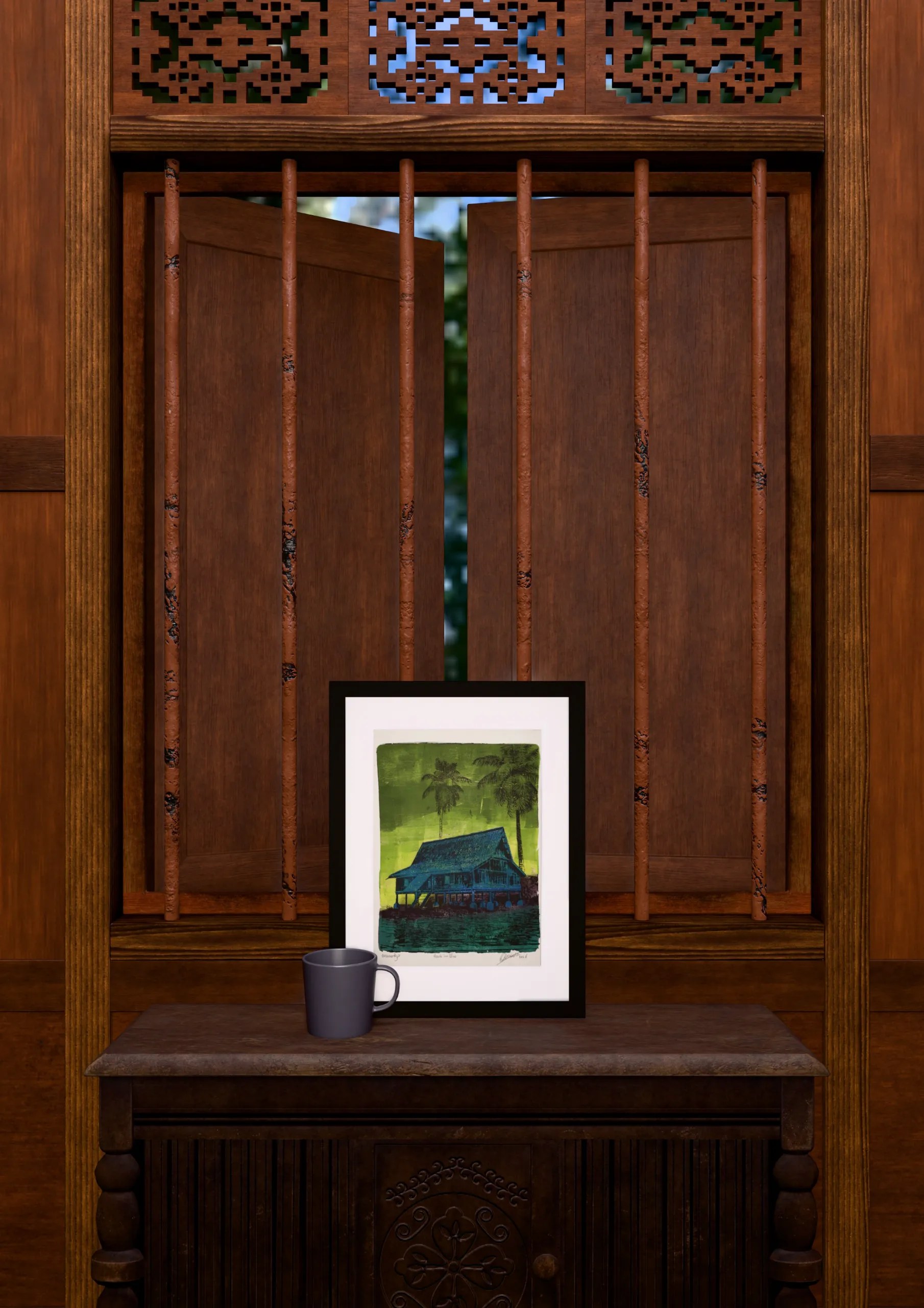 House in Blue, gel plate monotype by Daniel Arendzen, framed and standing on a carved wooden cabinet under a barred window, with a mug for scale. The room is a Blender render of the interior of the same traditional Malaysian house shown in the print.