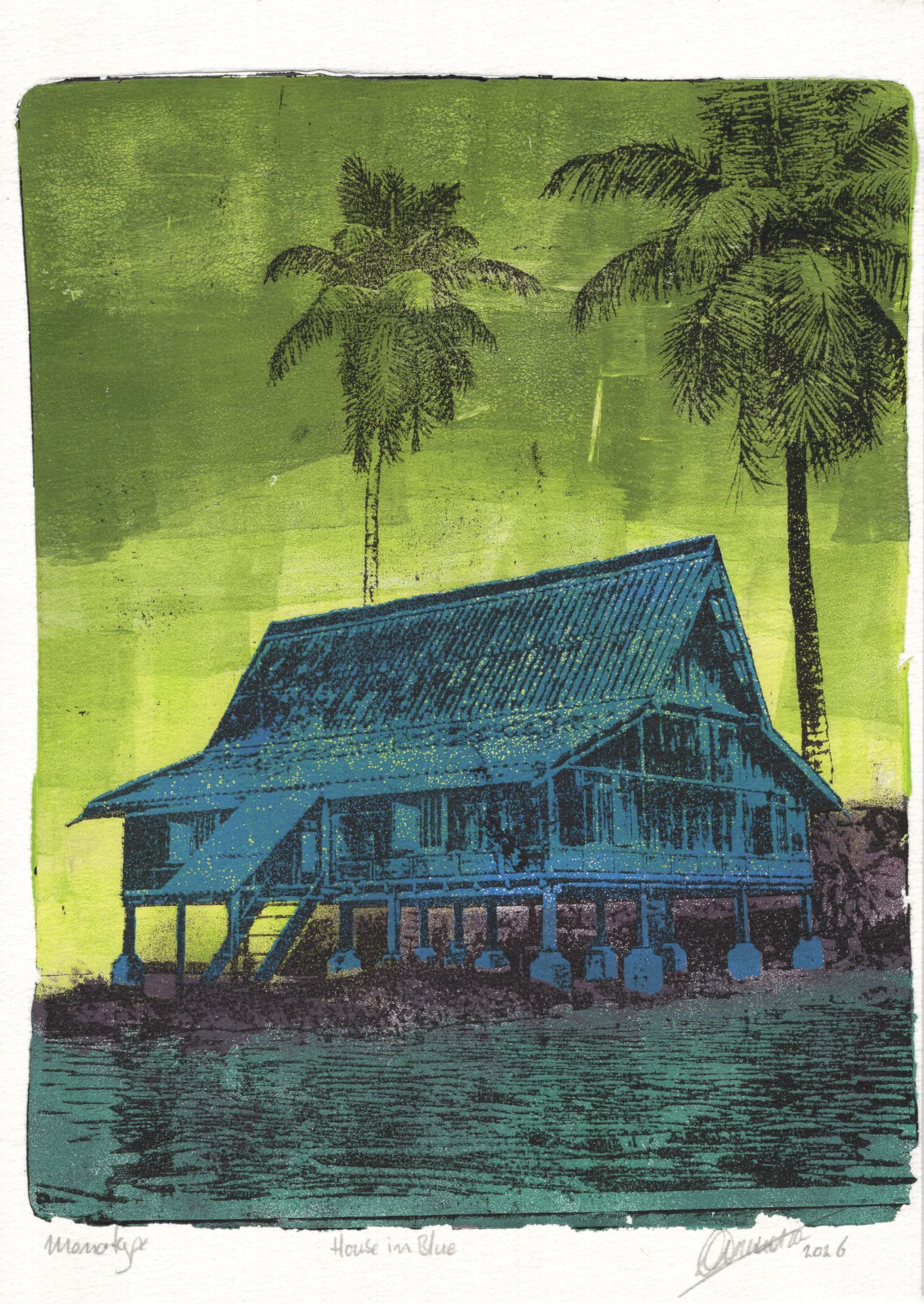 Full image of House in Blue, gel plate monotype by Daniel Arendzen: a blue traditional Malaysian house on stilts, standing on purple land at the edge of dark teal water, with two black coconut palms against a lime green sky. The blue was applied with a sponge and beaded up on the plate, leaving tiny light spots. Pressed on cotton paper