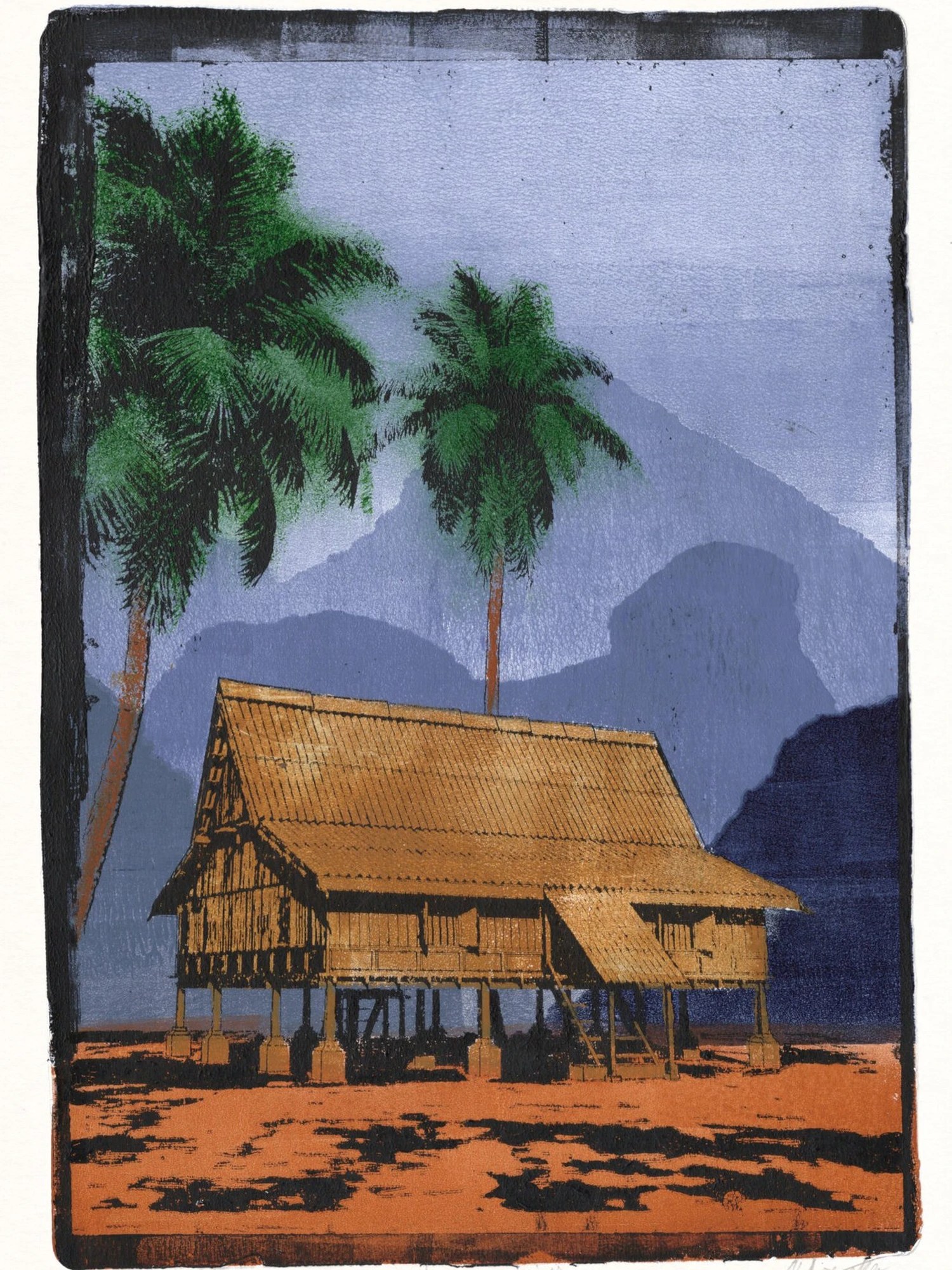 Mystic Mountains, gel plate monotype by Daniel Arendzen, showing the printed image only: a traditional Malaysian house with an ochre roof on stilts, two green coconut palms and layered blueish purple limestone hills above orange bare land